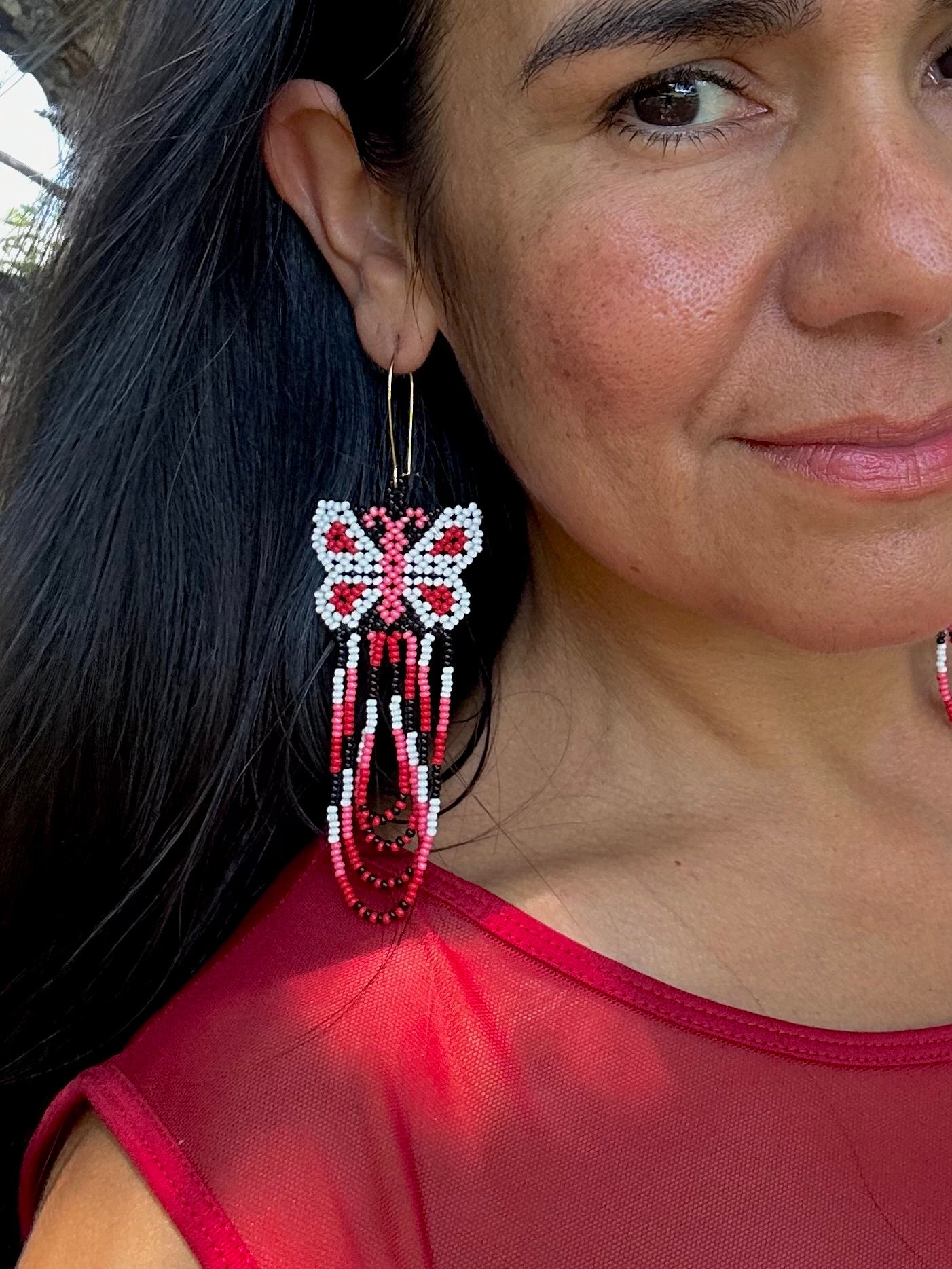 Mariposa Volando - Red & Pink Huichol Butterfly Beadwork Earrings