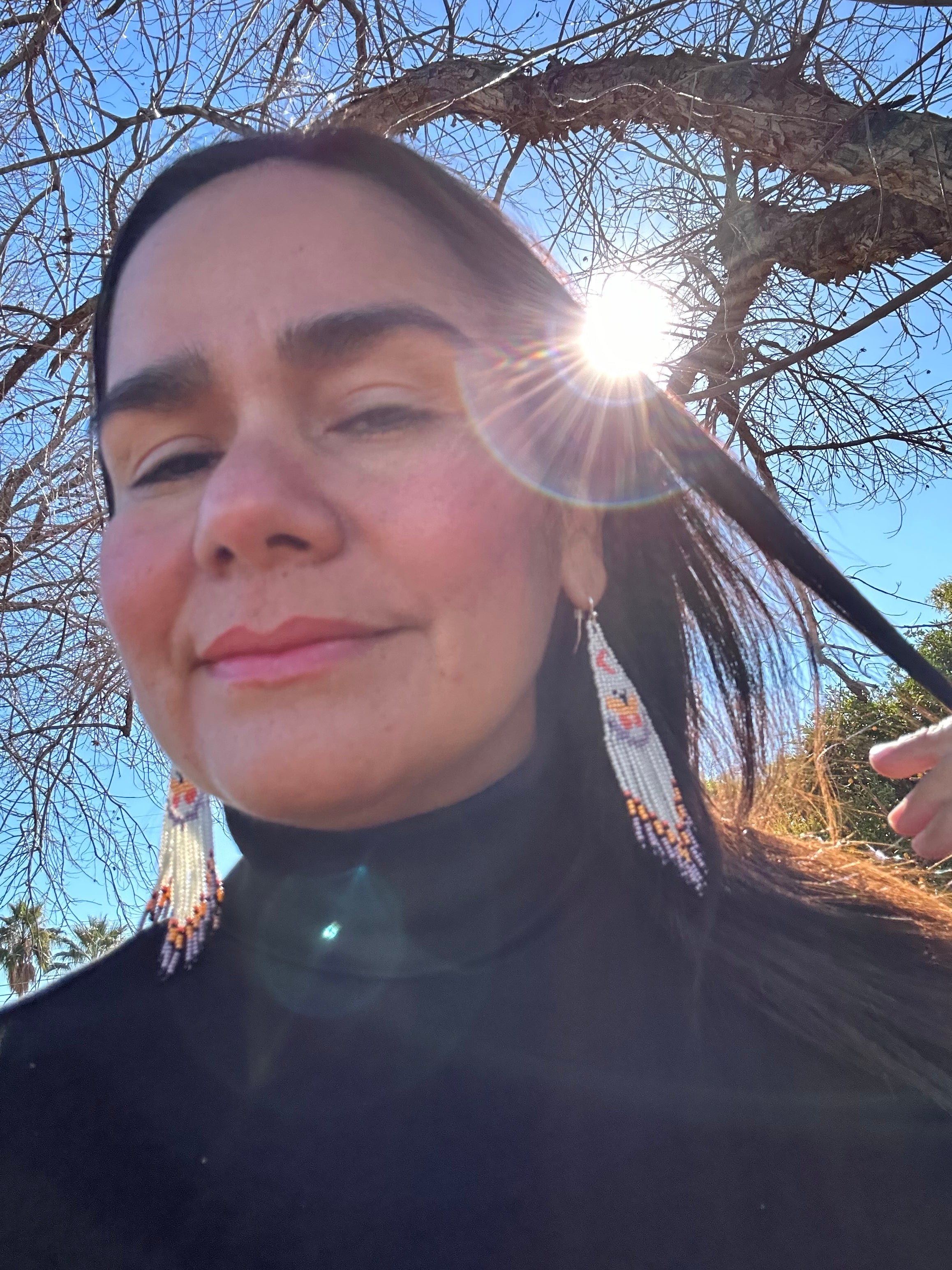 Mariposa Amanecer - Pearl & Orange Huichol Butterfly Beadwork Earrings