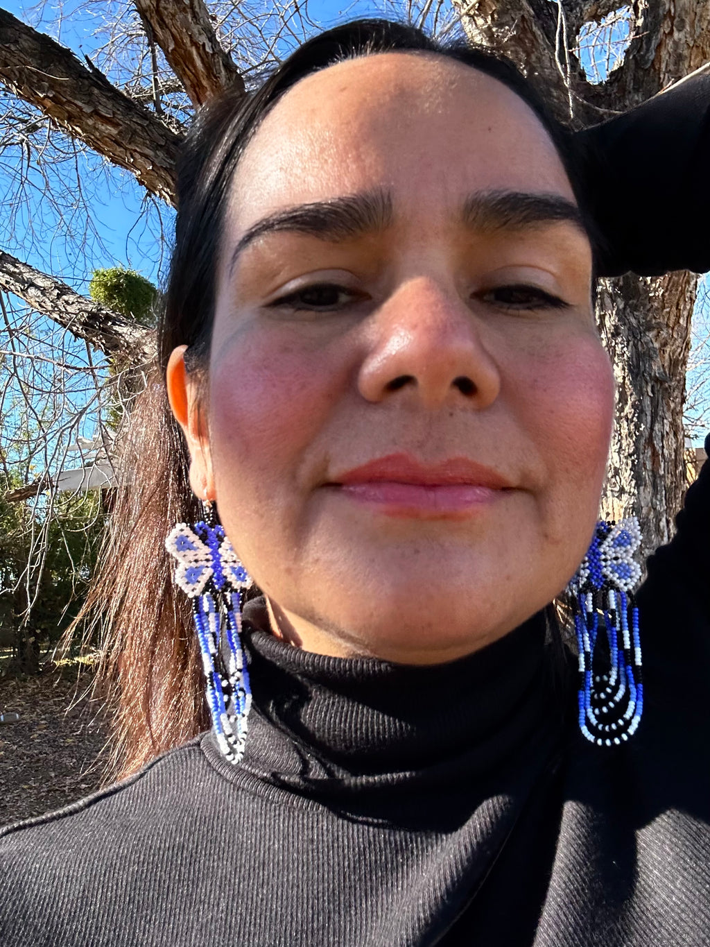 Mariposa Volando - Blue & White Huichol Butterfly Beadwork Earrings