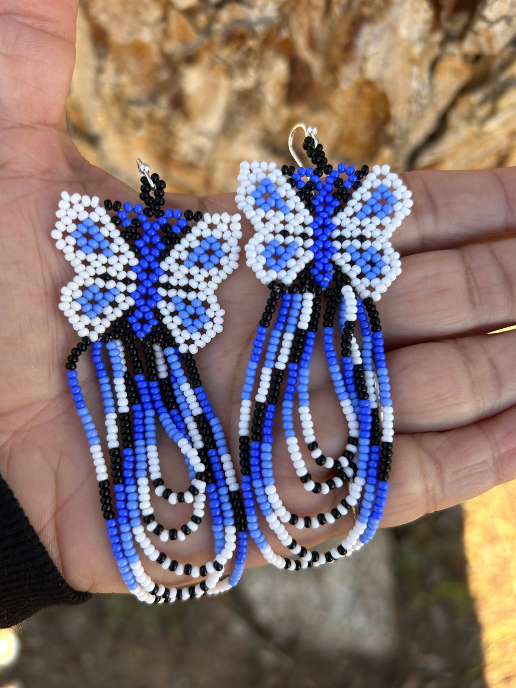 Mariposa Volando - Blue & White Huichol Butterfly Beadwork Earrings