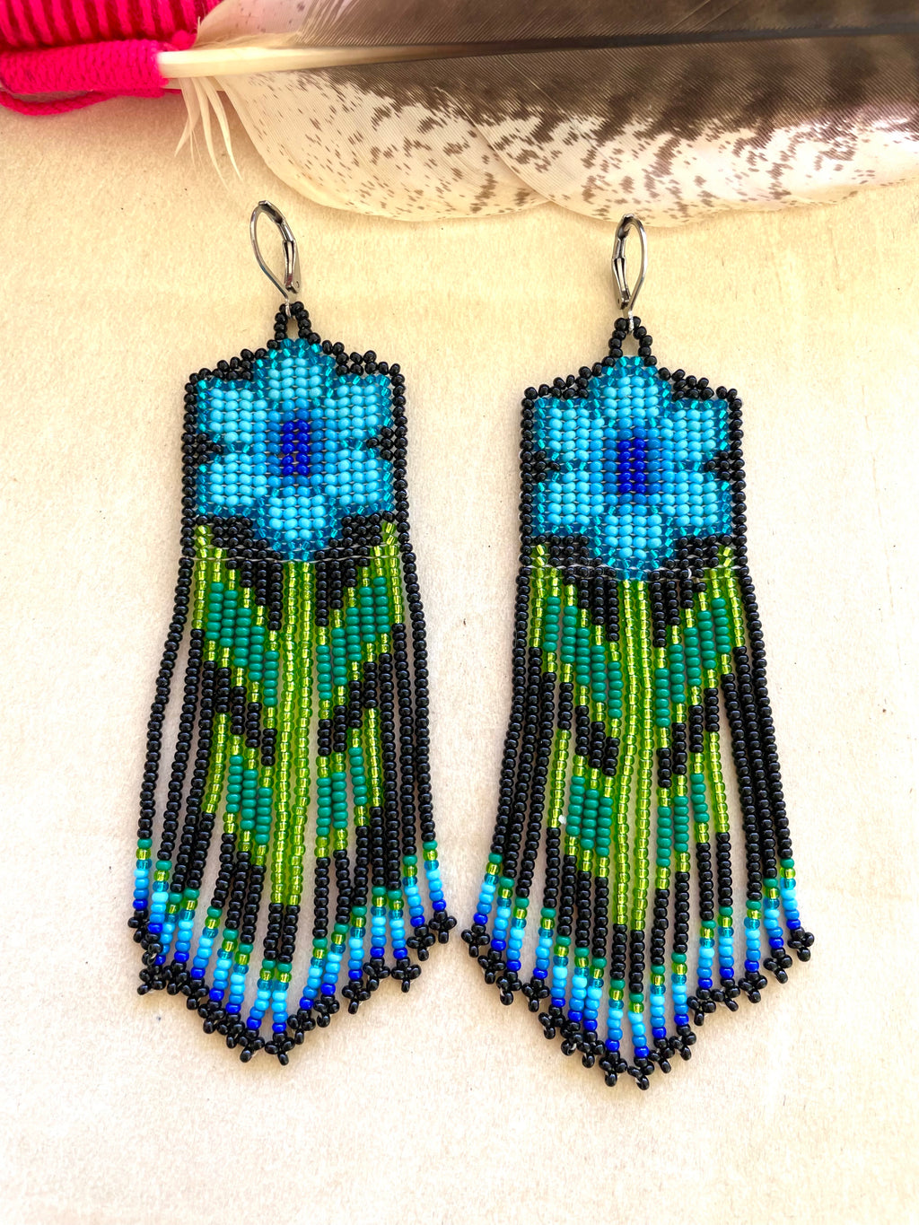 Flor Elegante - Blue & Black Huichol Flower Beadwork Earrings