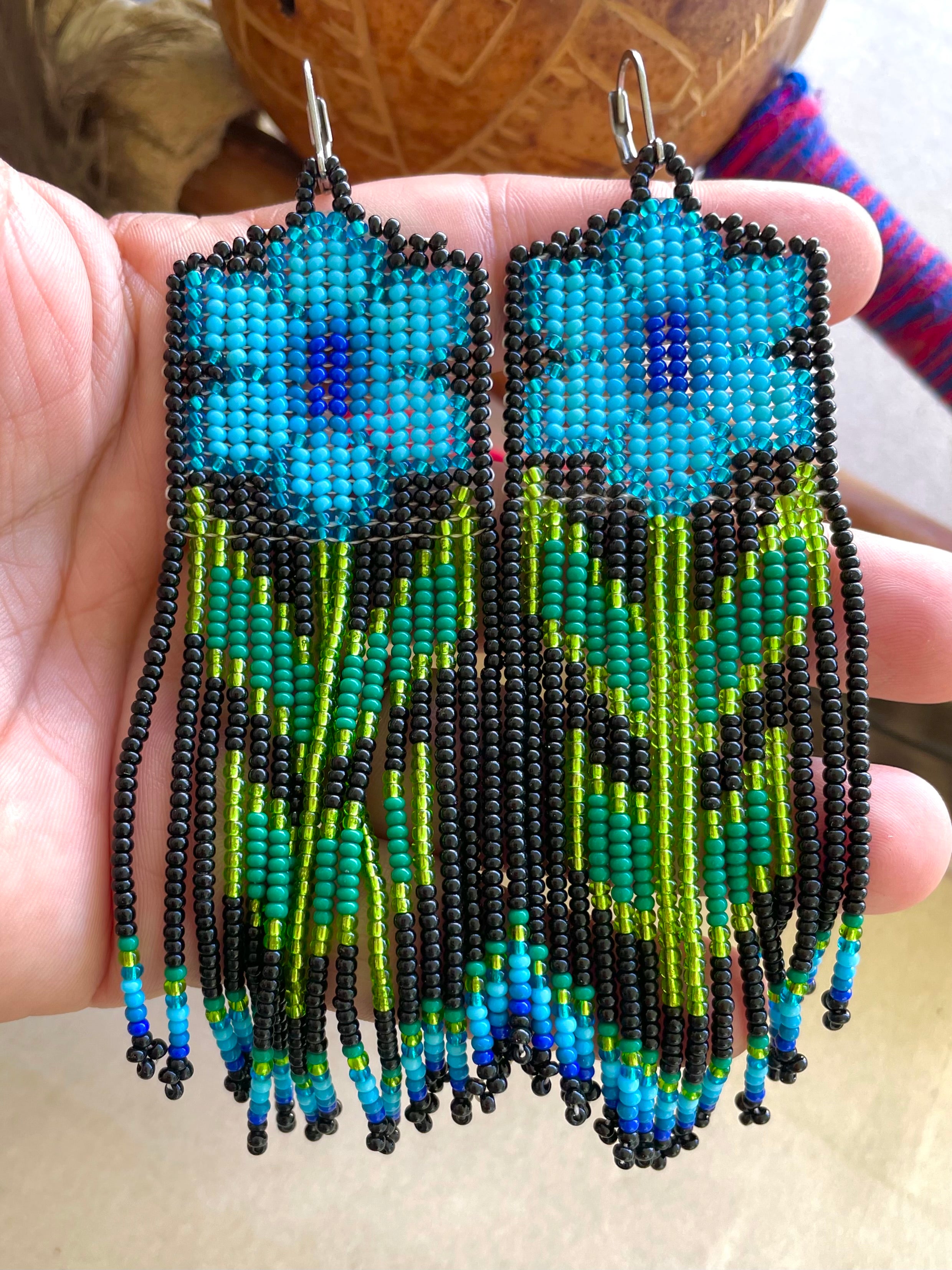 Flor Elegante - Blue & Black Huichol Flower Beadwork Earrings