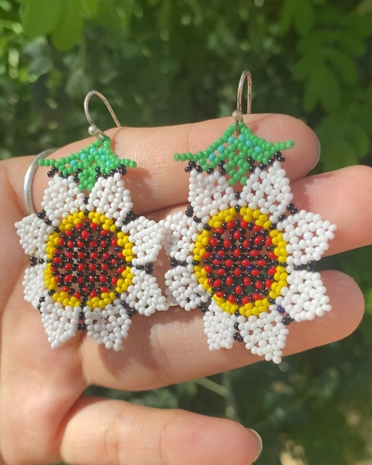Flor Girasol - White Huichol Flower Beadwork Earrings (micro beads)
