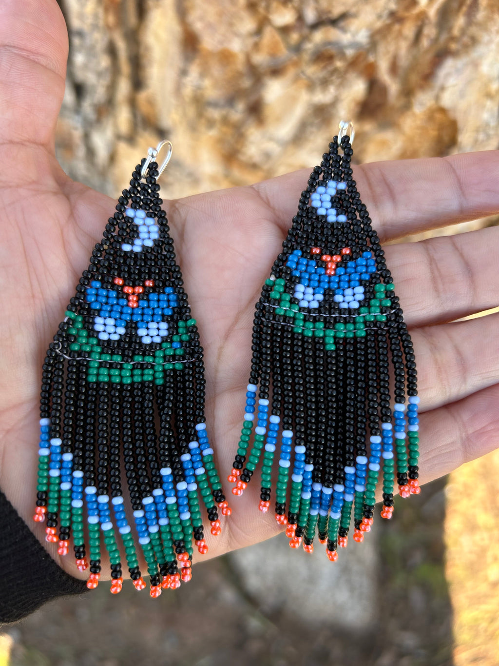 Mariposa Nocturna - Black & Blue Huichol Butterfly Beadwork Earrings