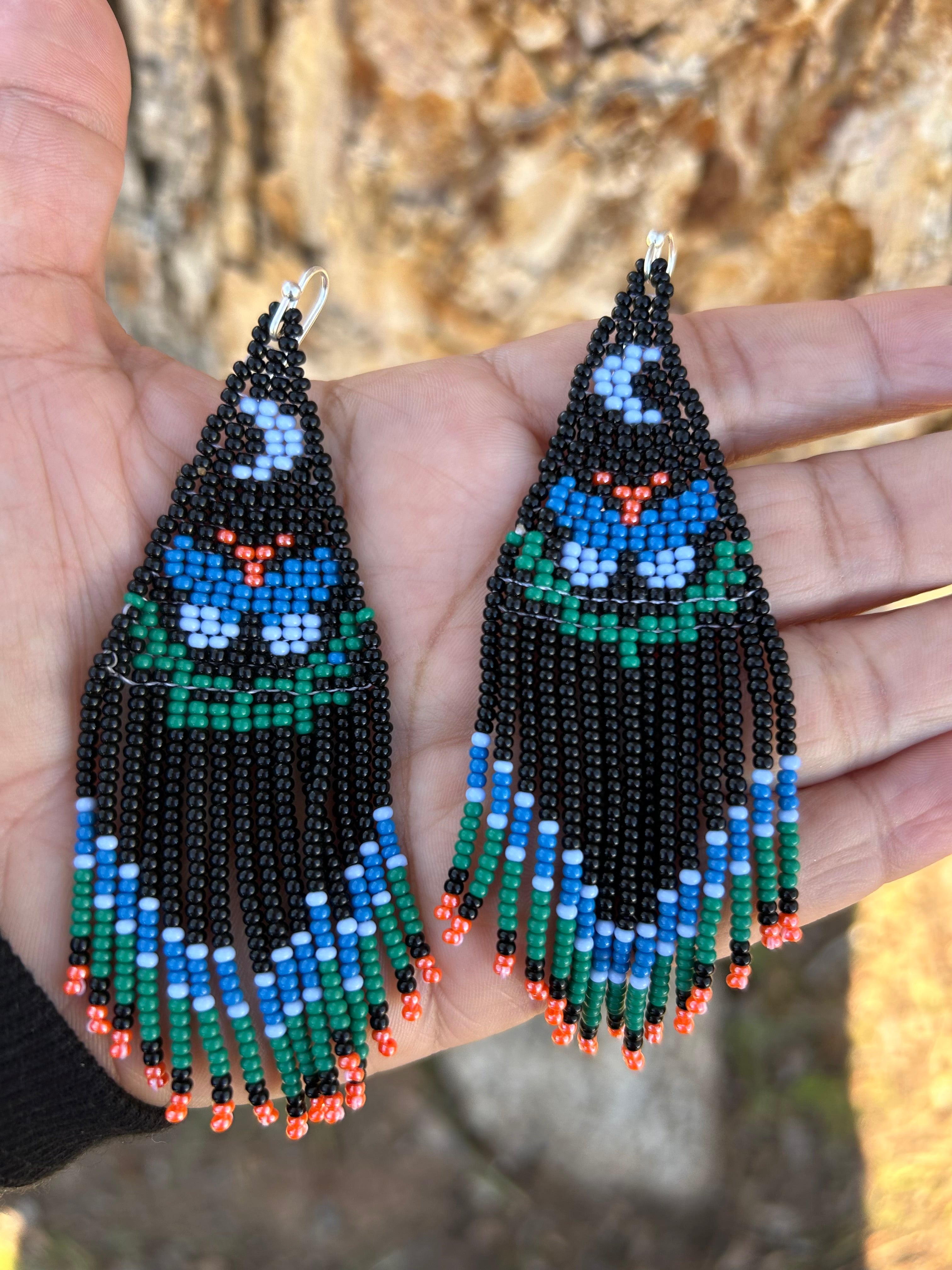 Mariposa Nocturna - Black & Blue Huichol Butterfly Beadwork Earrings