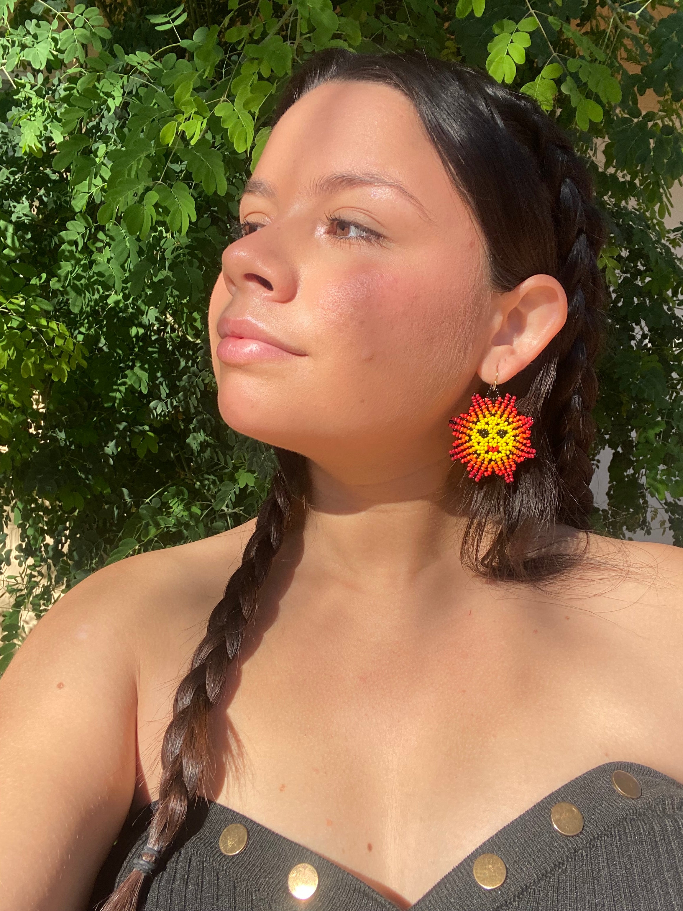 Padre Sol del Desierto - Red & Yellow Huichol Sun Beadwork Earrings