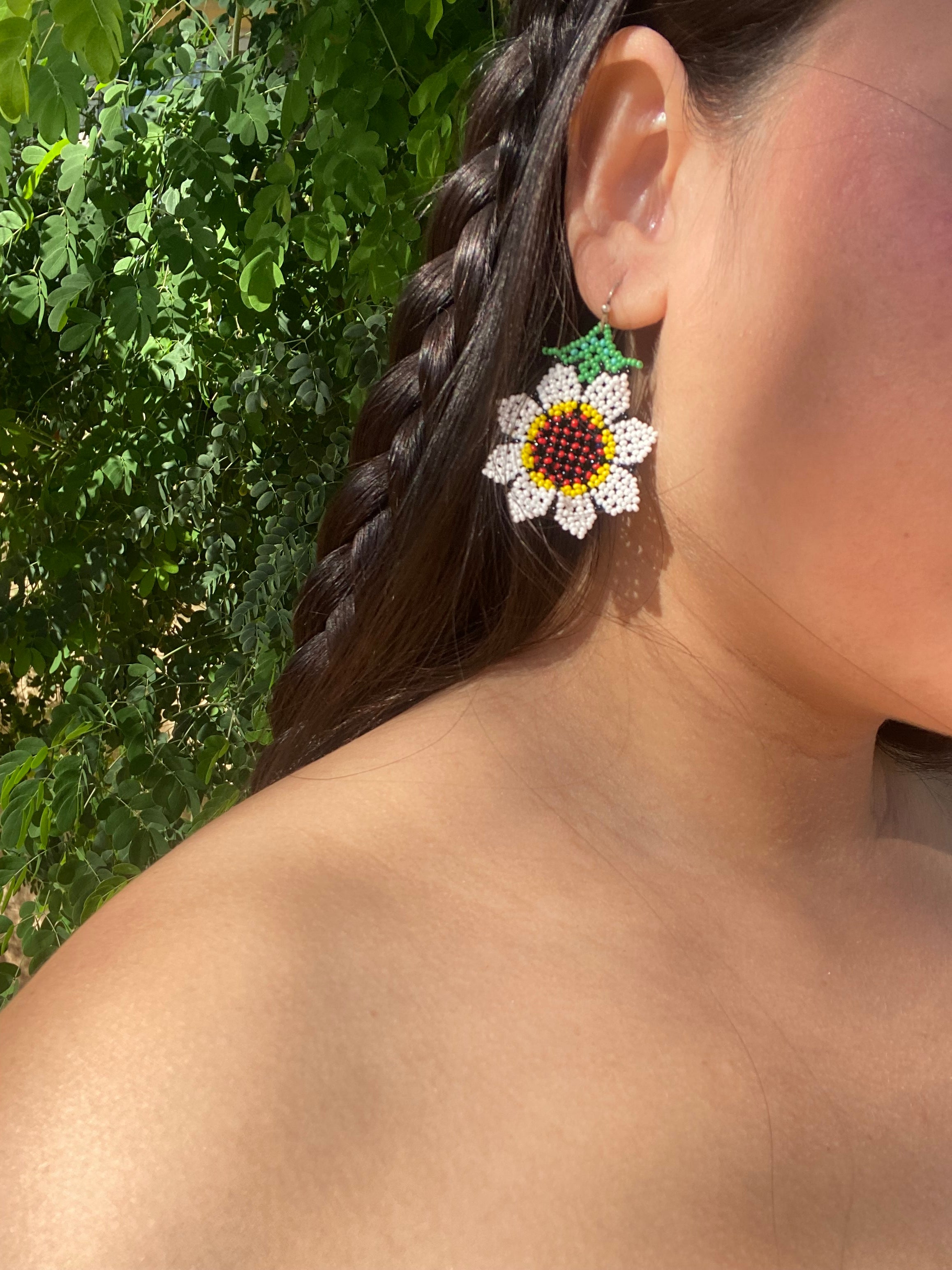 Flor Girasol - White Huichol Flower Beadwork Earrings (micro beads)