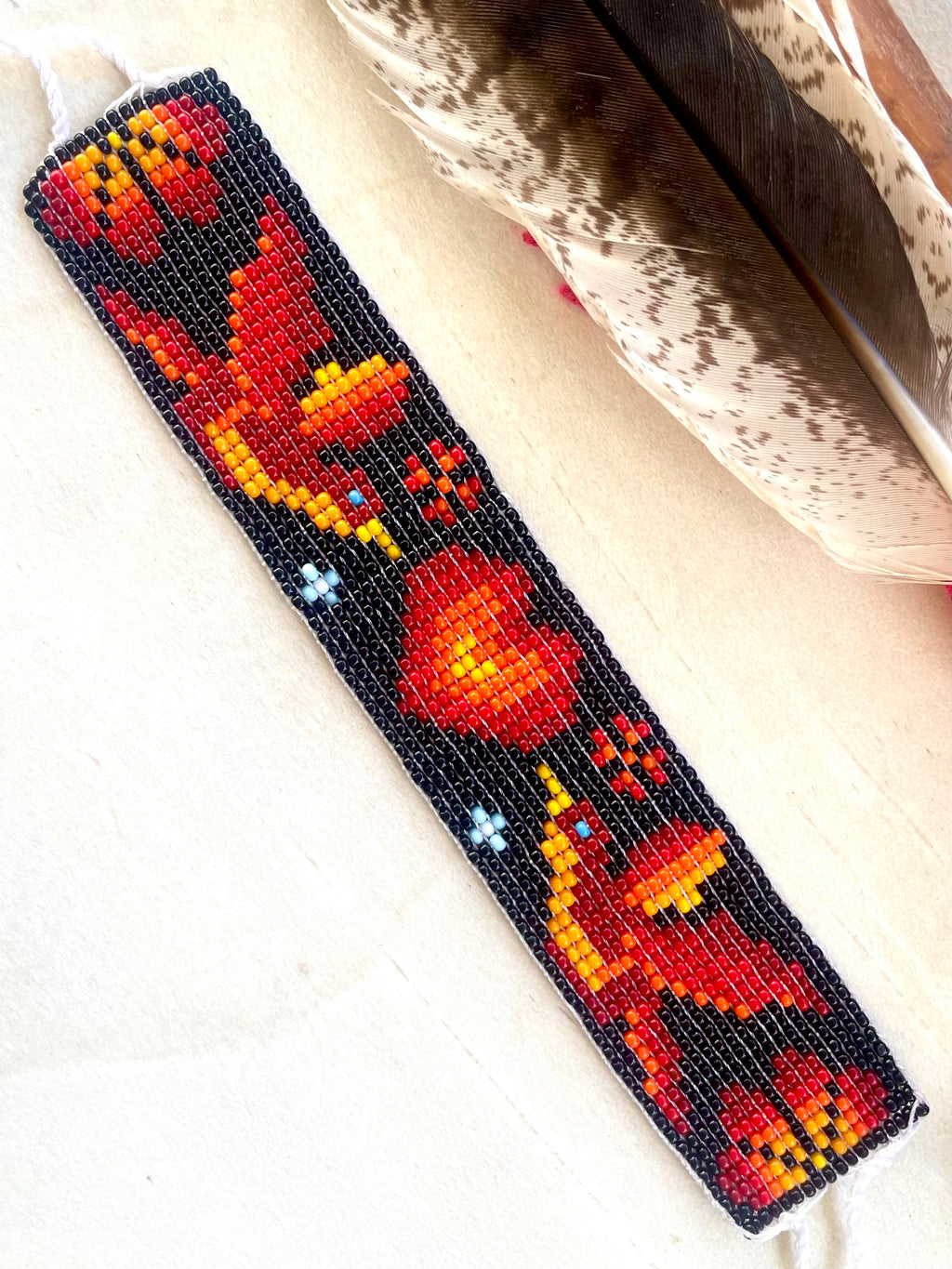 Colibrí Corazón - Black & Fire Colors Huichol Loom Beadwork Bracelet