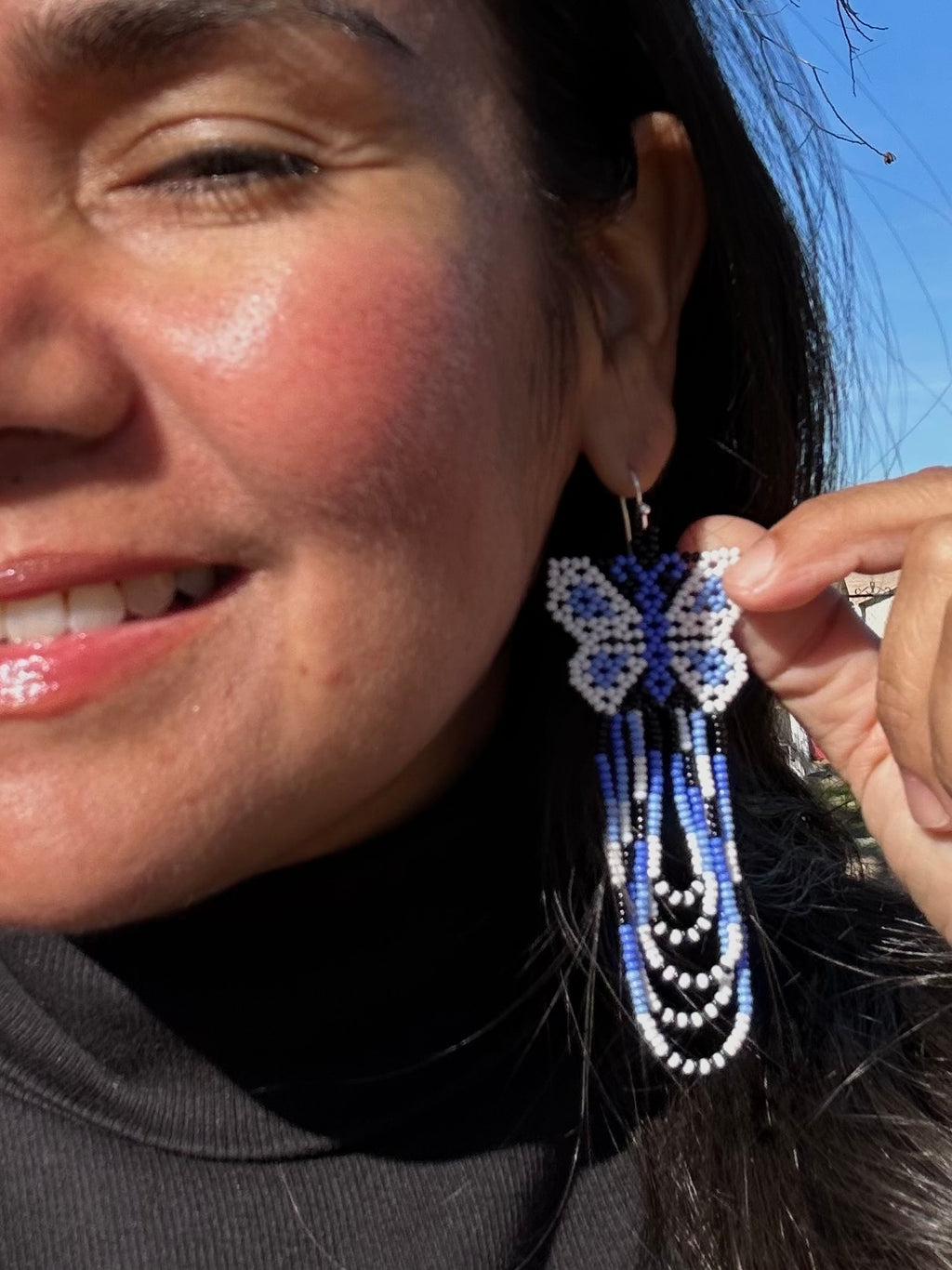 Mariposa Volando - Blue & White Huichol Butterfly Beadwork Earrings
