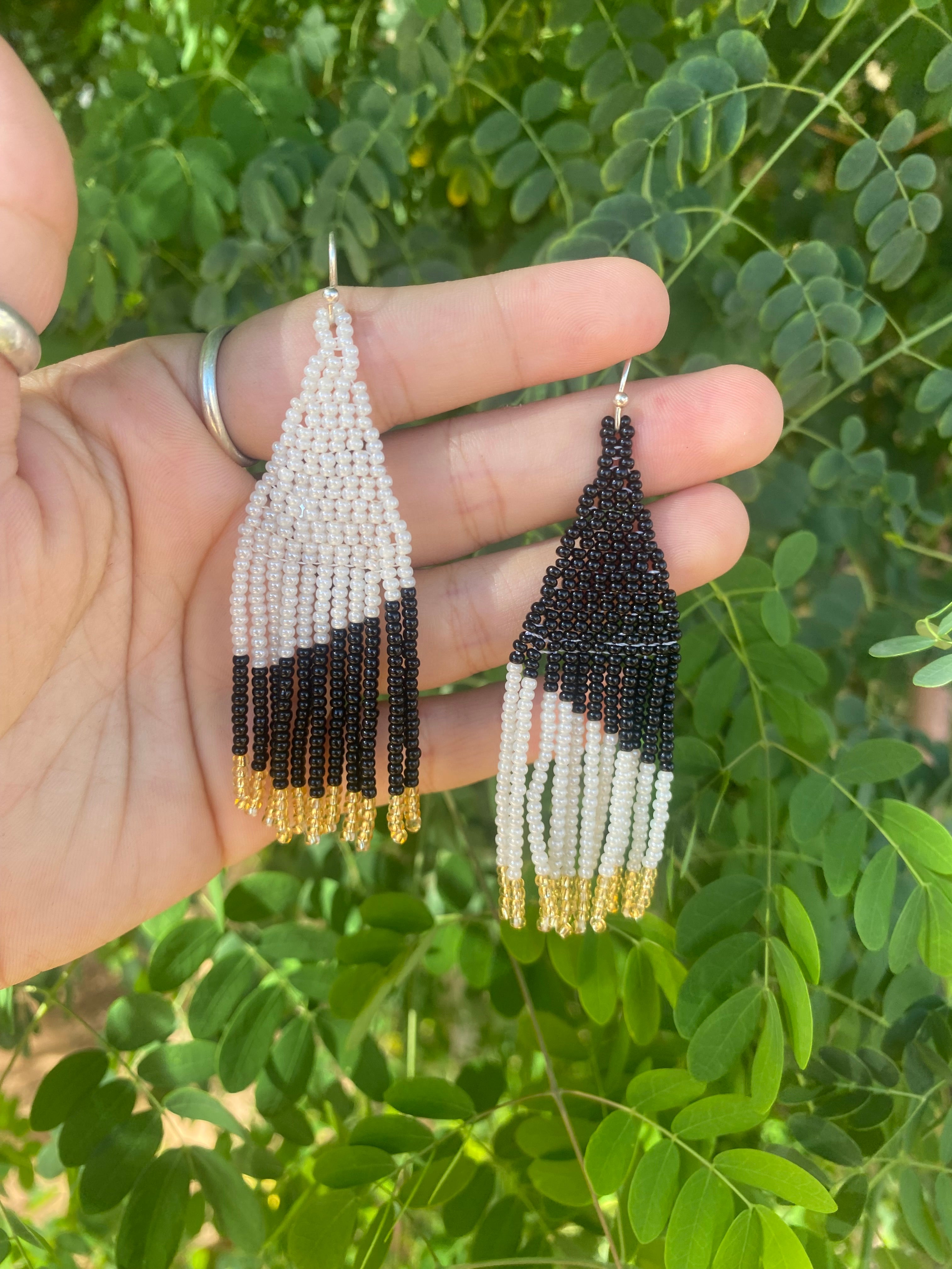 Asymmetrical Fringe Earrings - Black & White