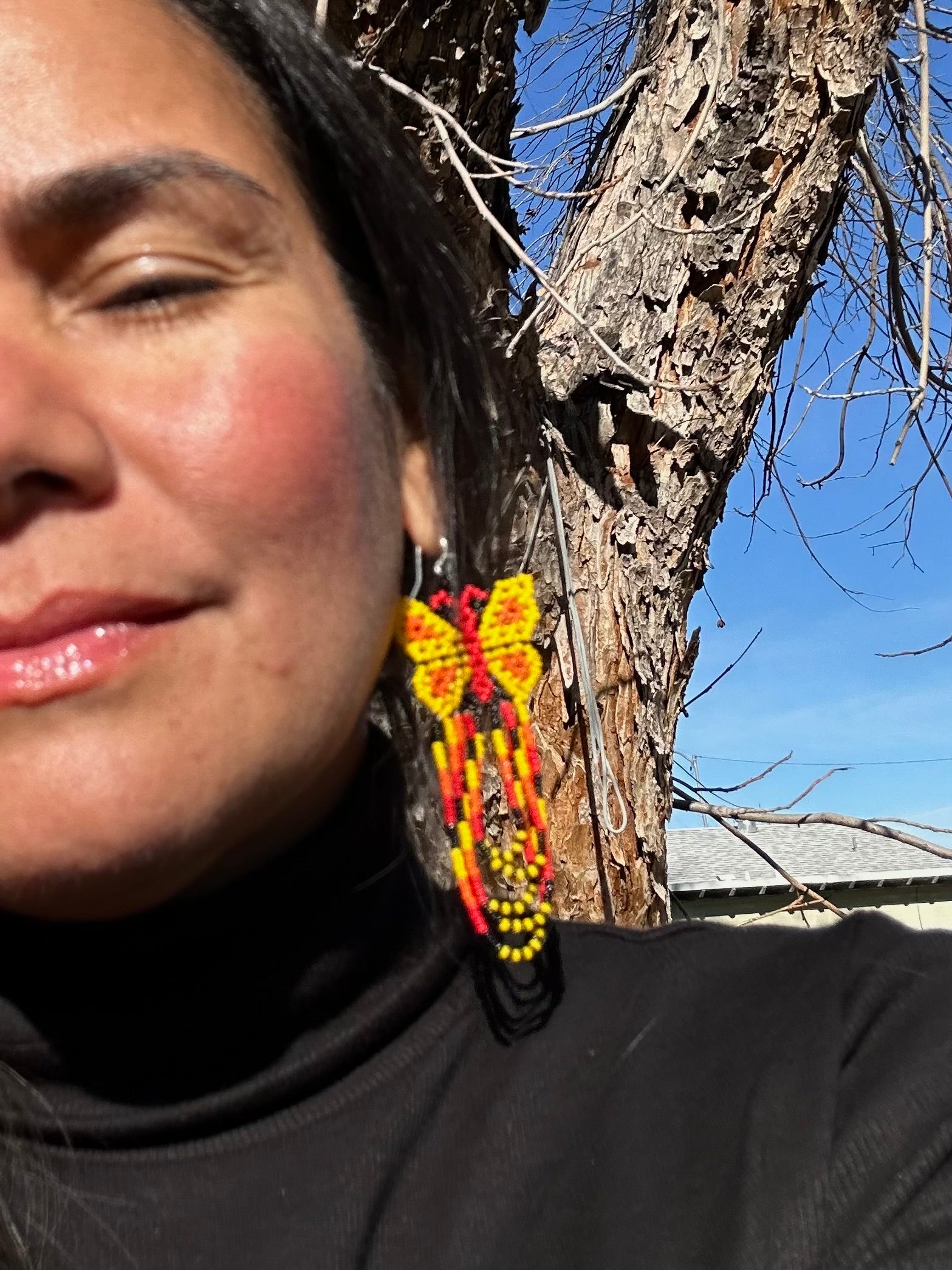 Mariposa Volando - Yellow & Red Huichol Butterfly Beadwork Earrings