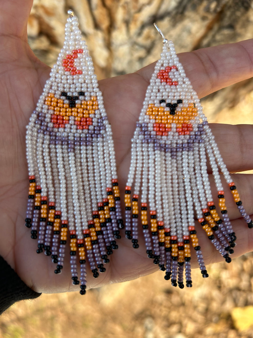 Mariposa Amanecer - Pearl & Orange Huichol Butterfly Beadwork Earrings