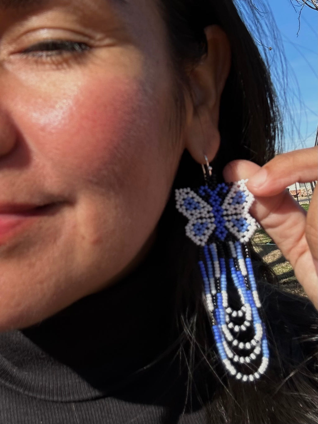 Mariposa Volando - Blue & White Huichol Butterfly Beadwork Earrings
