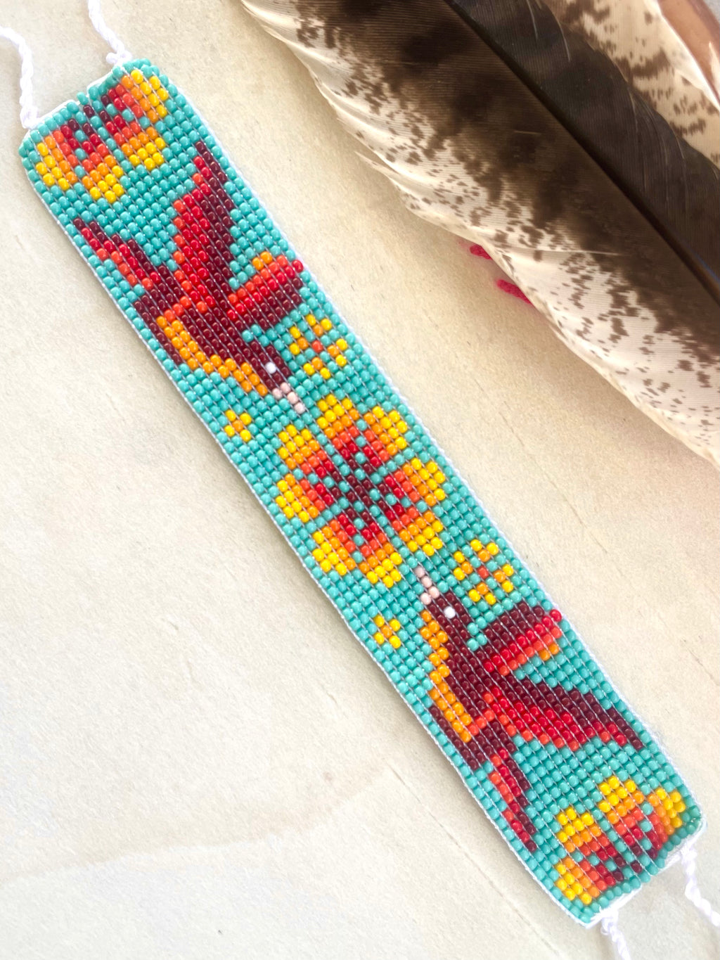 Colibrí Picaflor - Light Blue & Orange Huichol Loom Beadwork Bracelet