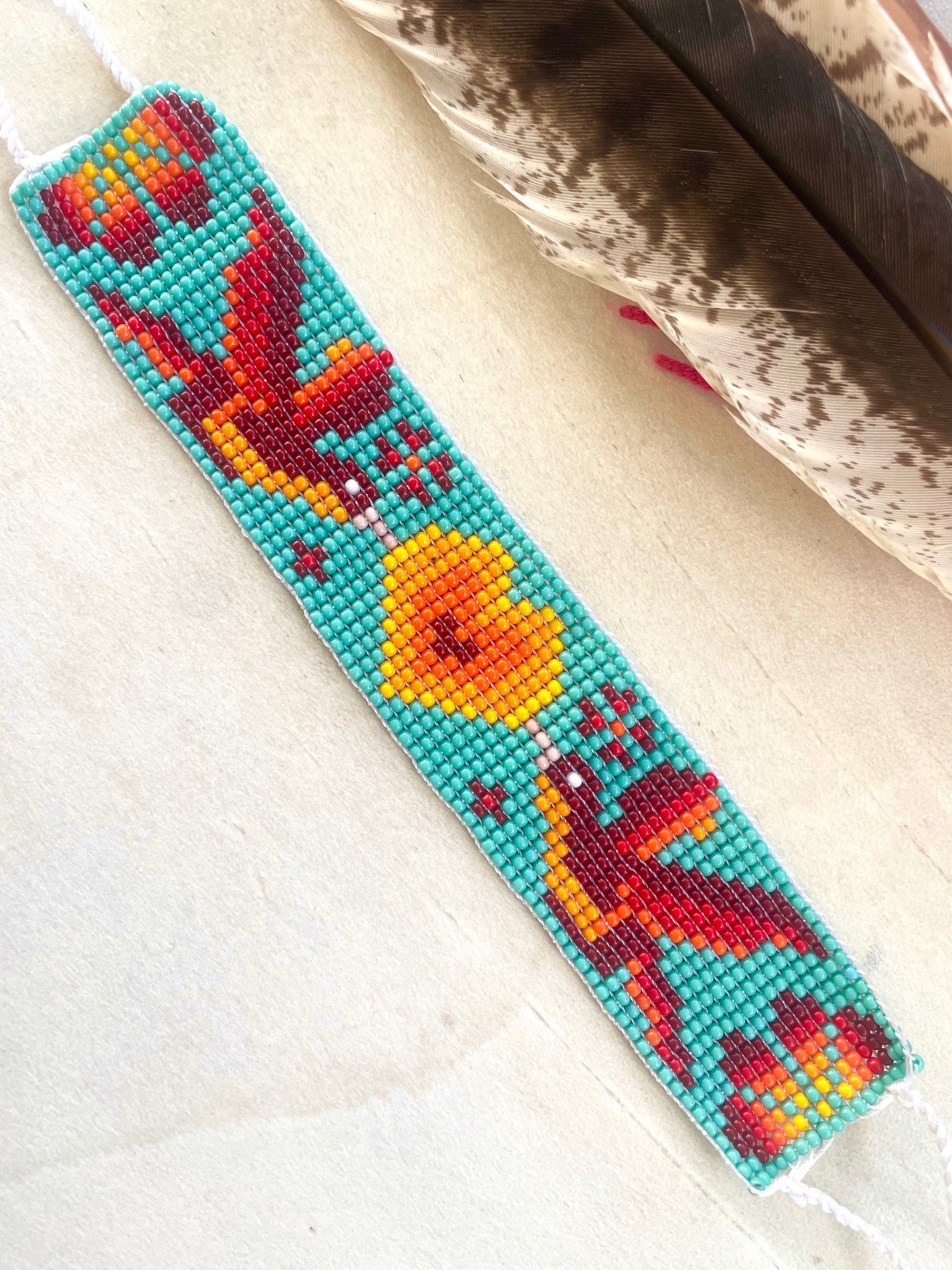 Colibrí Corazón - Blue & Orange Huichol Loom Beadwork Bracelet