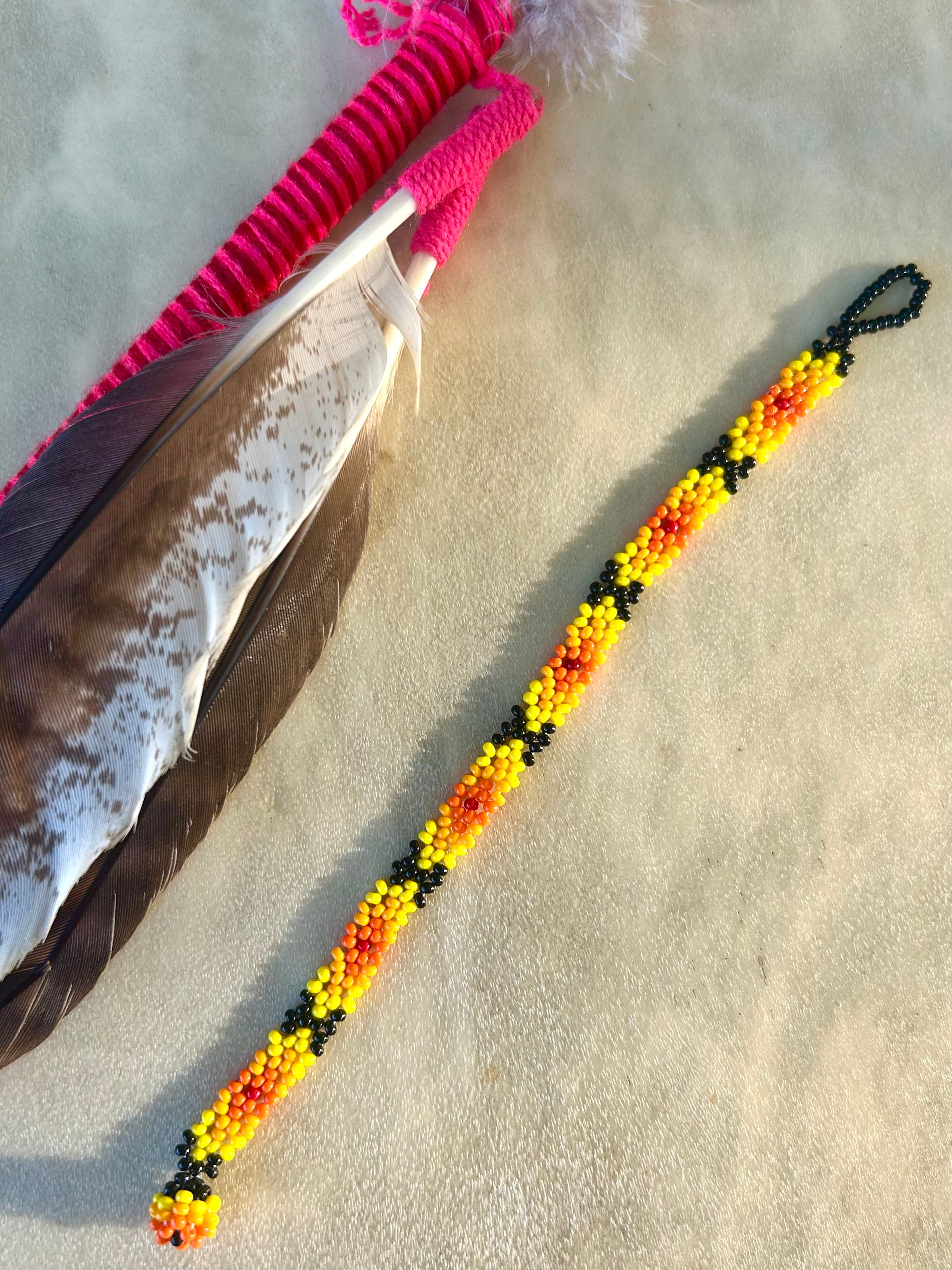 Small Huichol Beaded Bracelet - Black, Orange, and Yellow