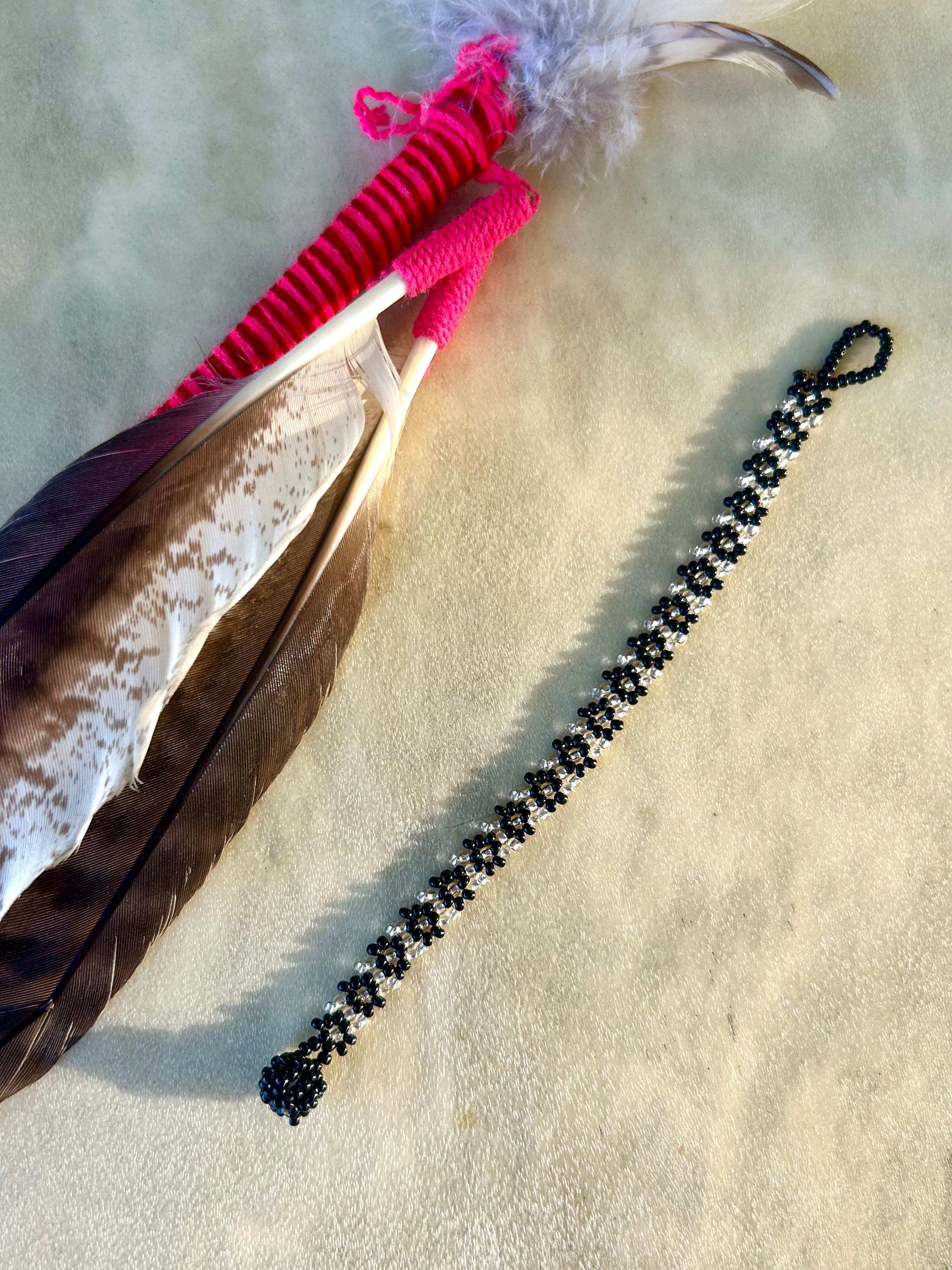 Small Huichol Beaded Bracelet - Black & Clear/Silver