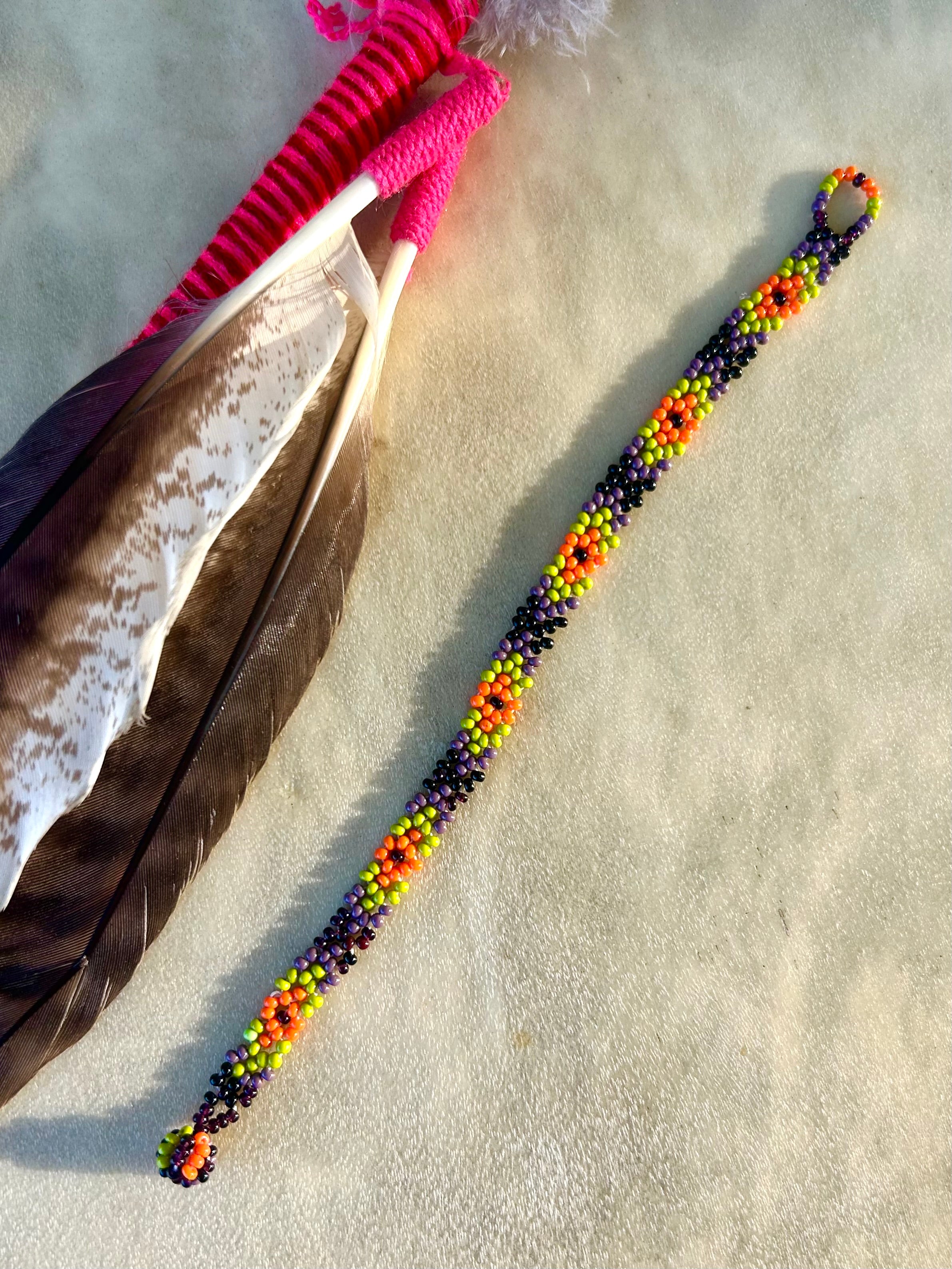 Small Huichol Beaded Bracelet - Black, Orange, Green, and Purple