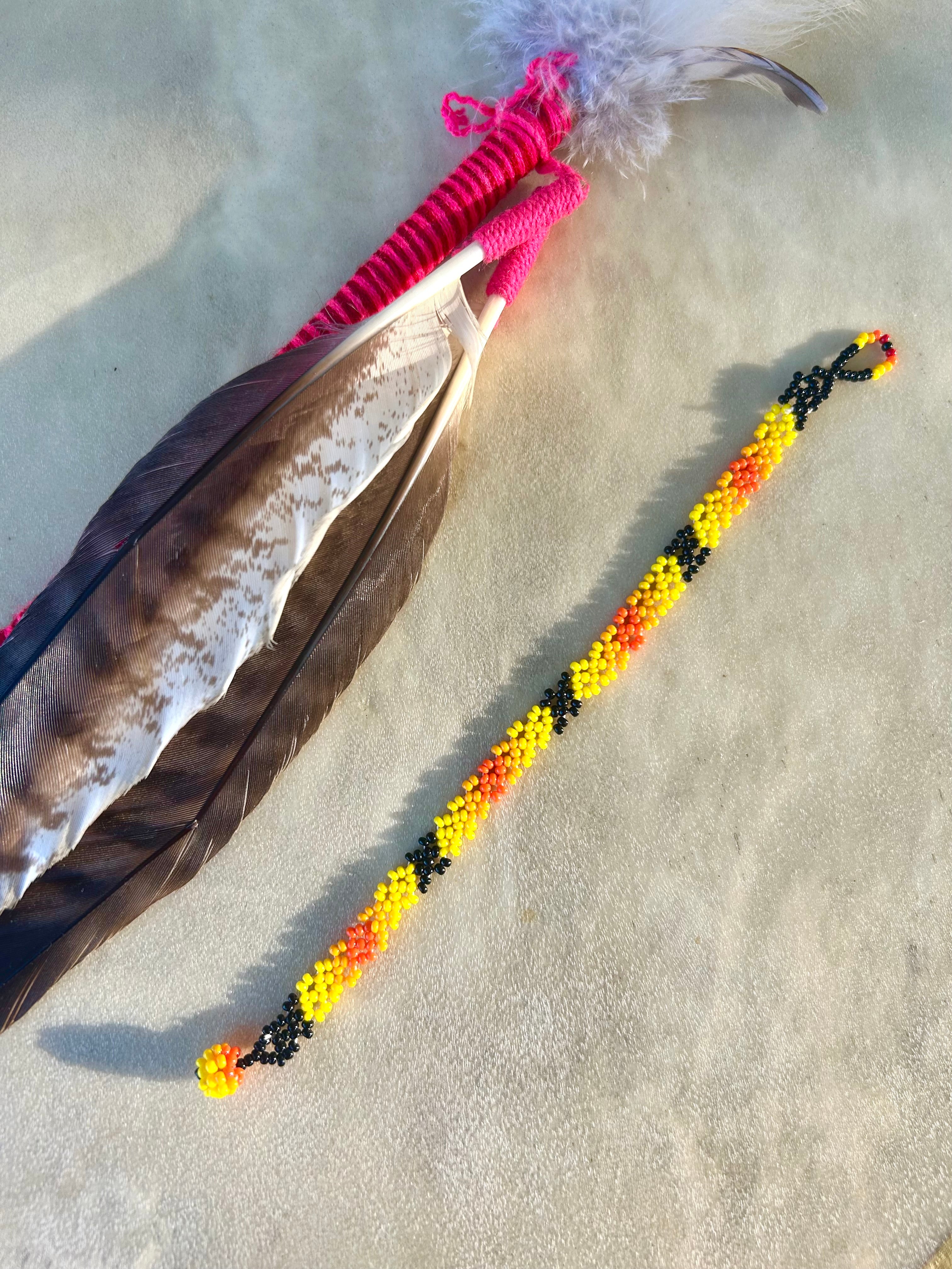 Small Huichol Beaded Bracelet - Yellow, Orange, and Black