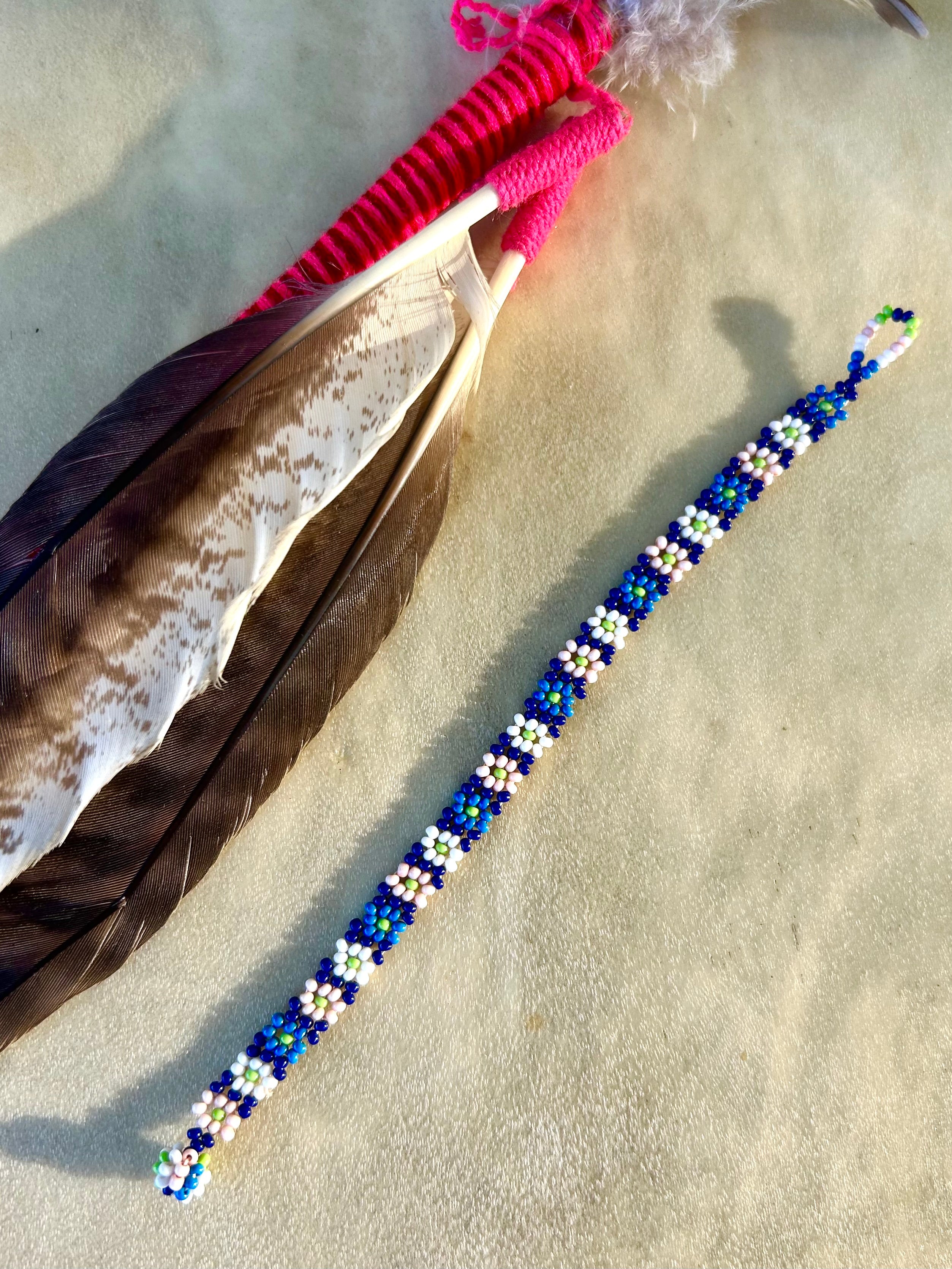 Small Huichol Beaded Bracelet - Blue, White, and Pink