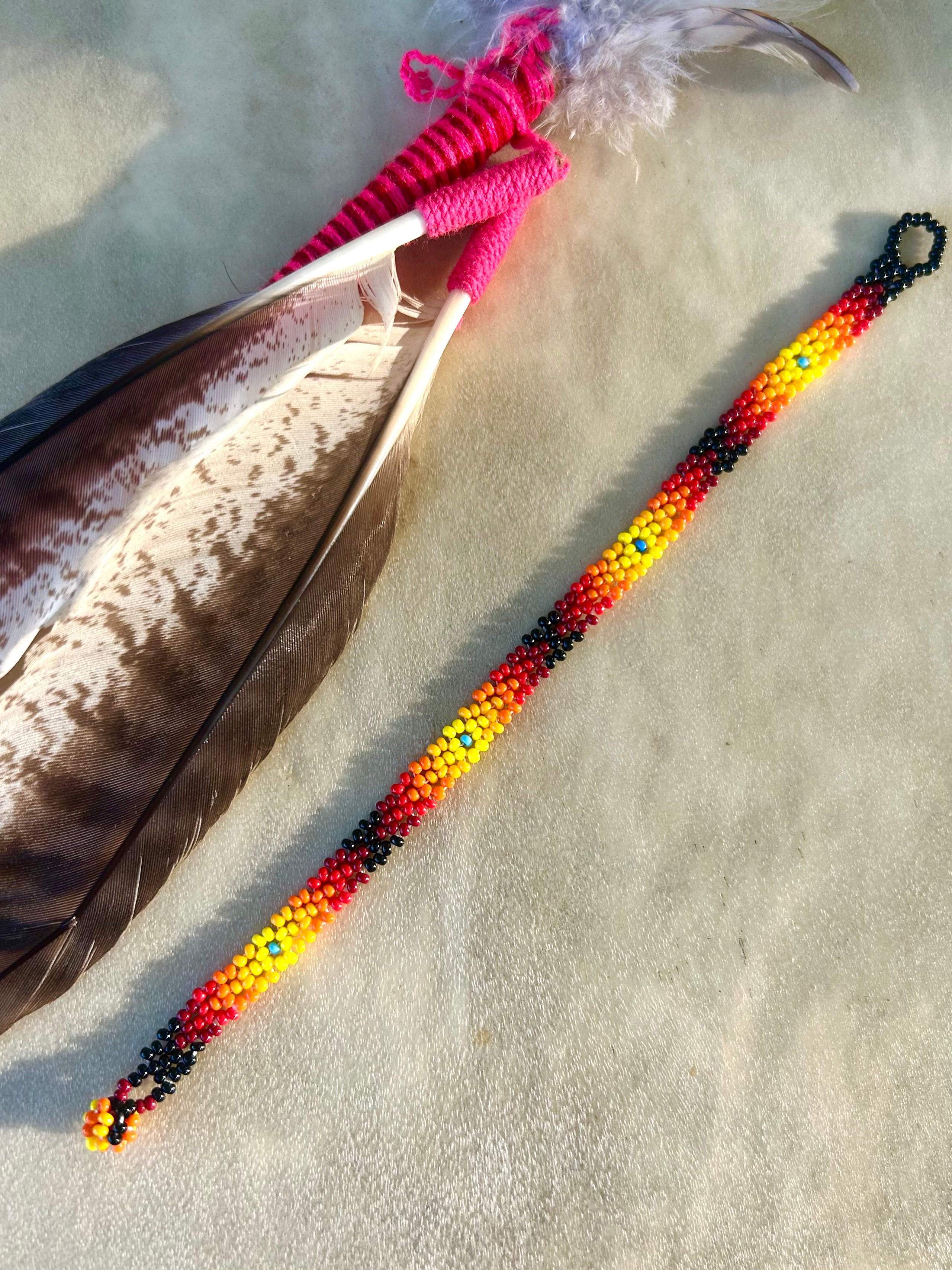 Small Huichol Beaded Bracelet - Orange, Yellow, and Black