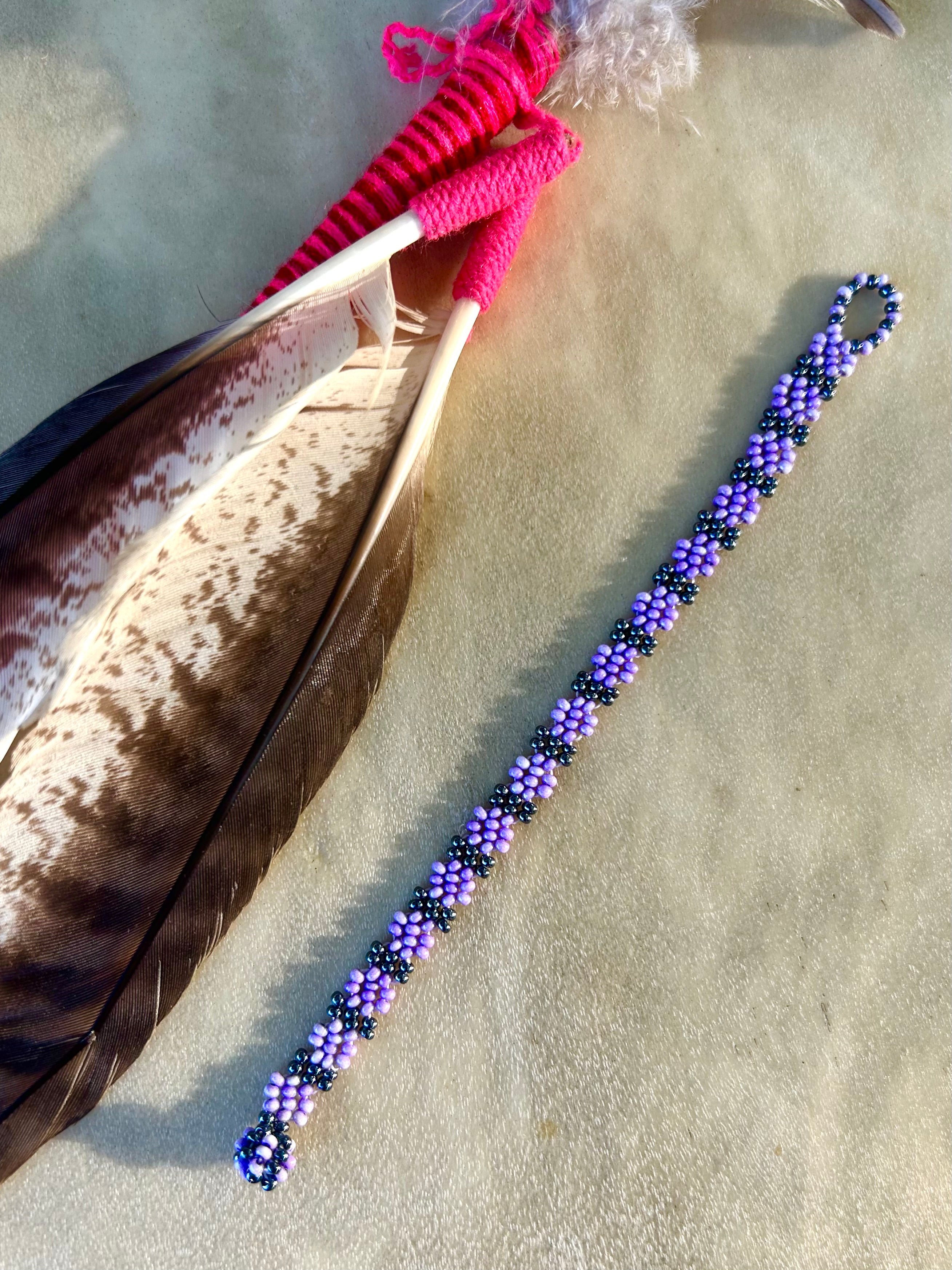 Small Huichol Beaded Bracelet - Purple & Hematite