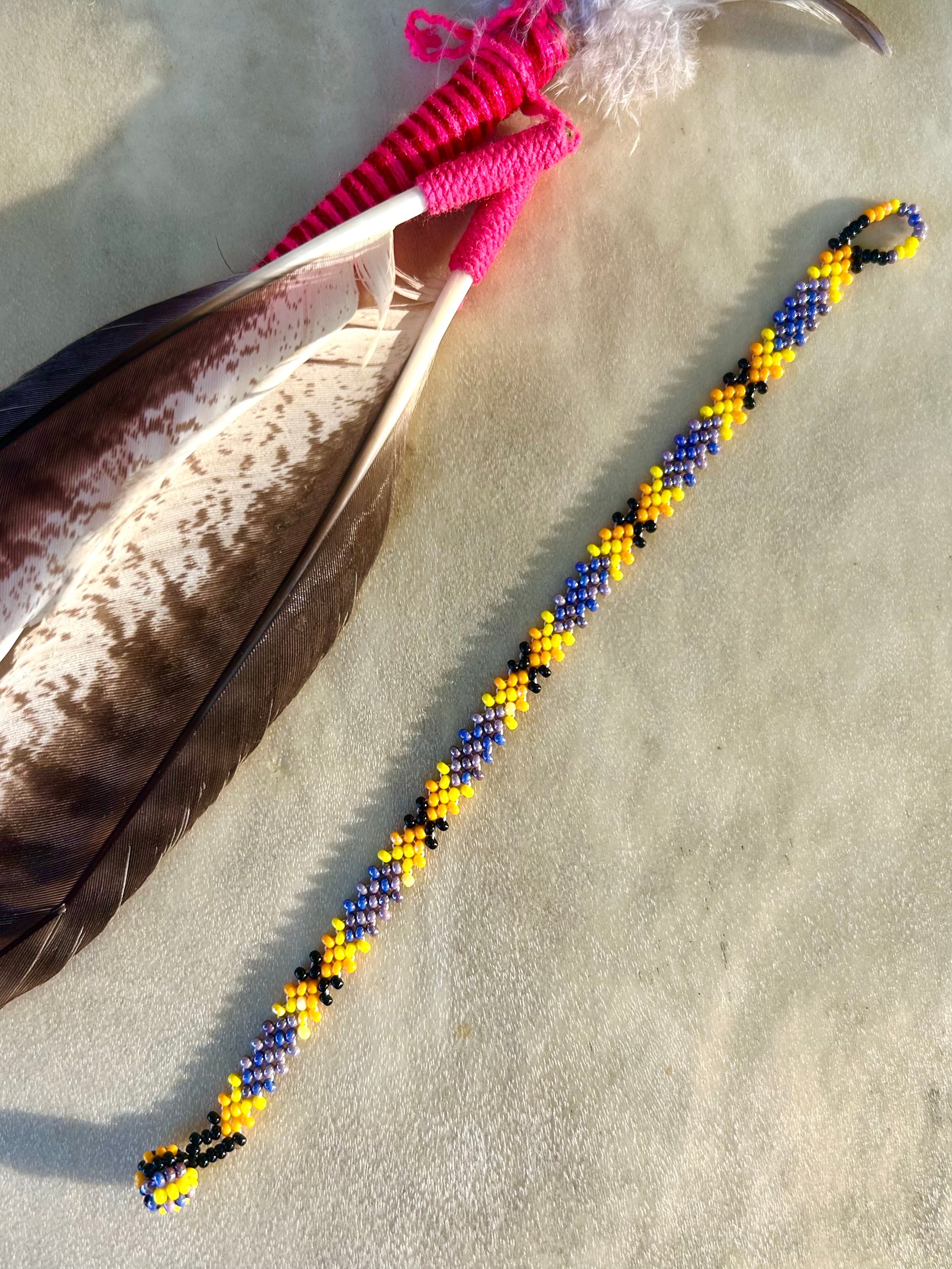 Small Huichol Beaded Bracelet - Purple & Yellow