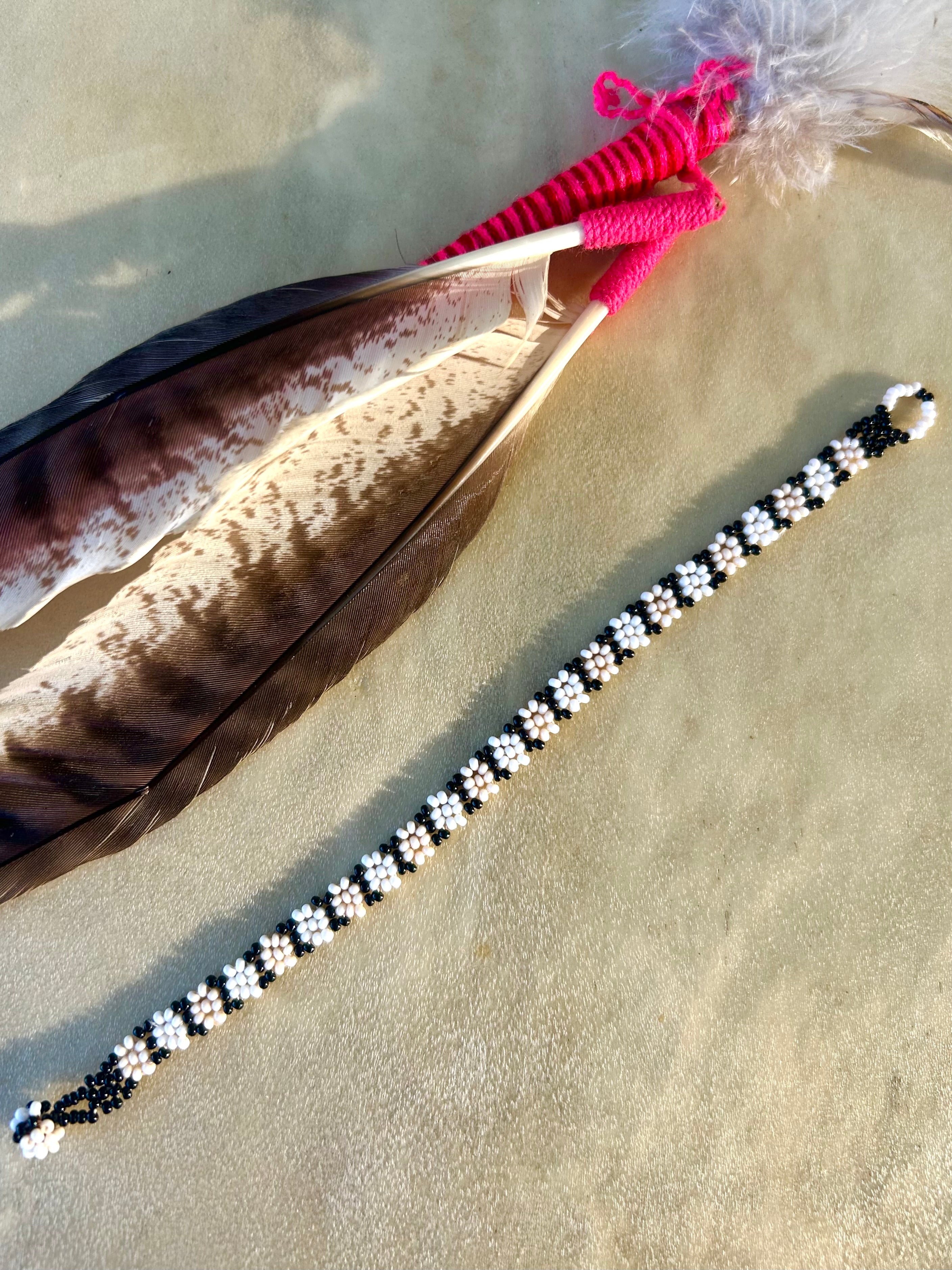 Small Huichol Beaded Bracelet - Black, White, and Pink