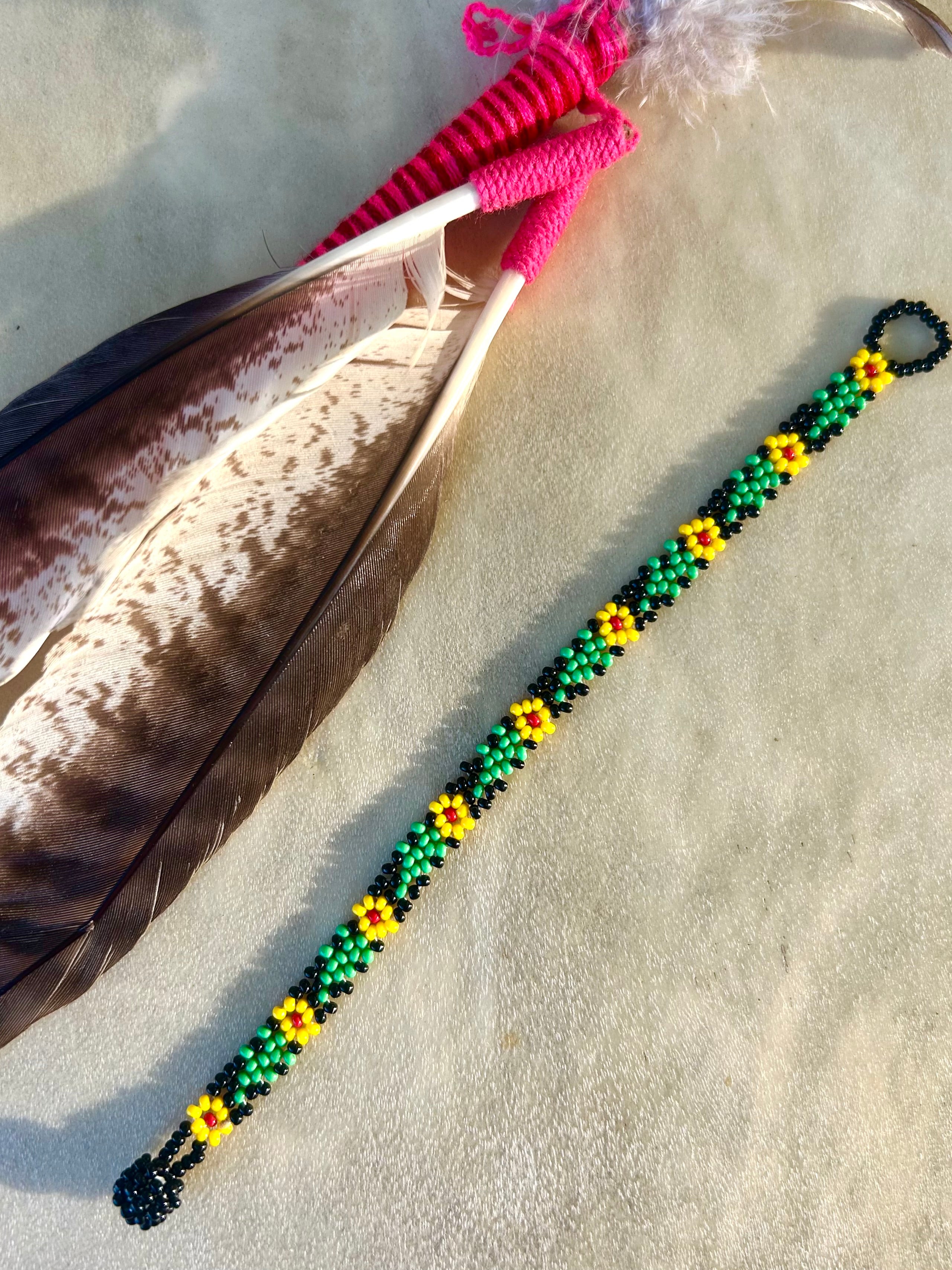 Small Huichol Beaded Bracelet - Yellow & Green