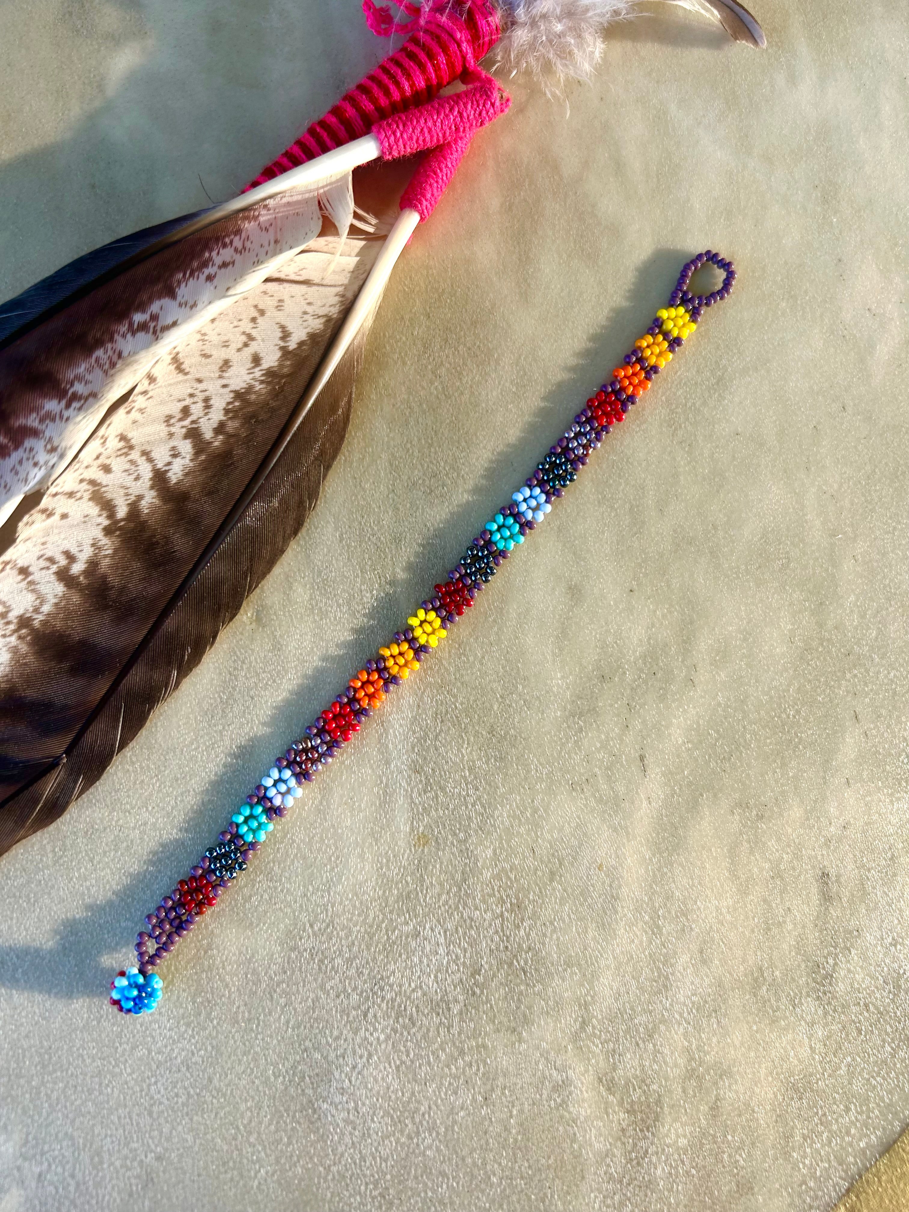 Small Huichol Beaded Bracelet - Multicolor Flower (Purple)