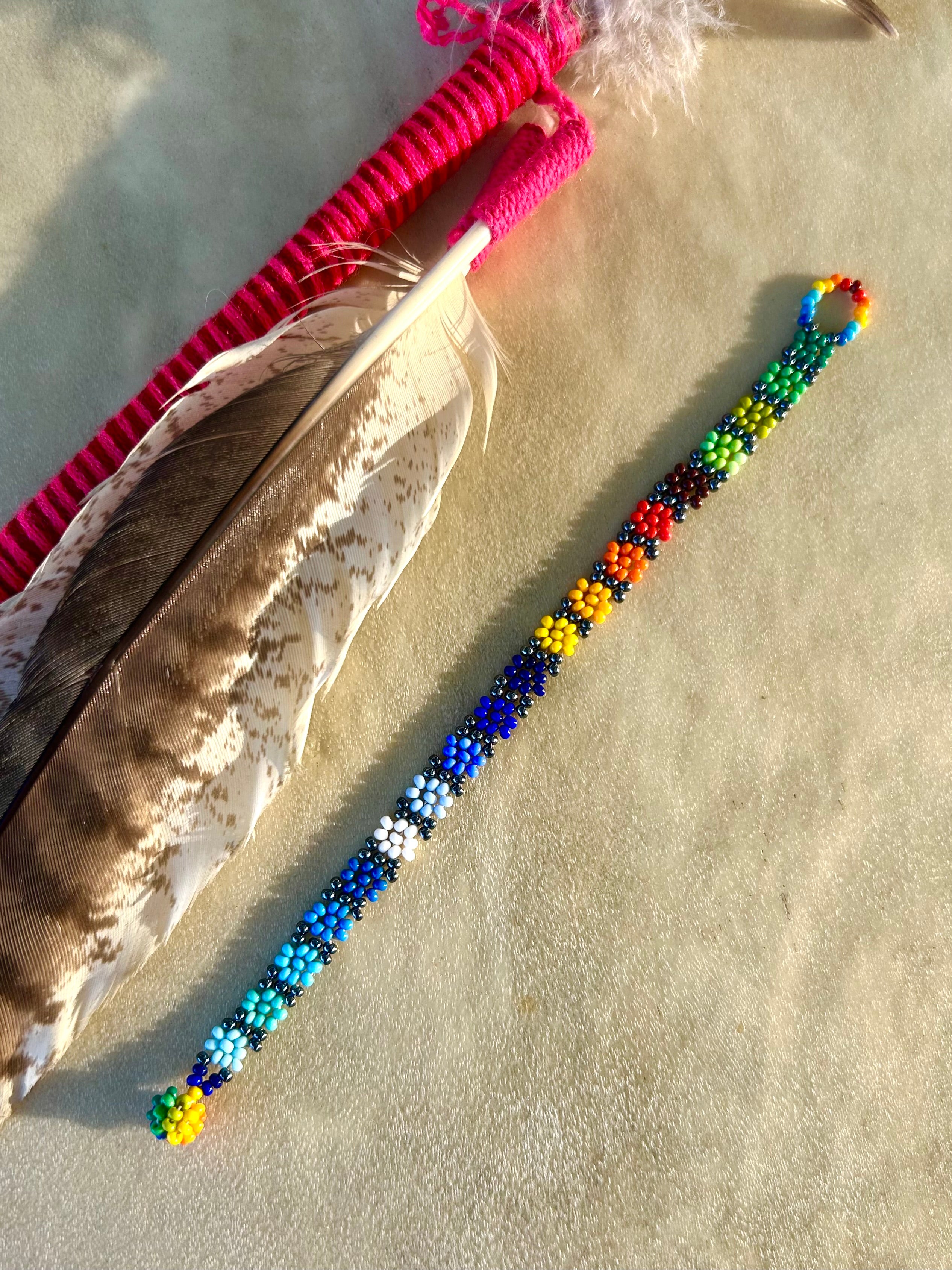 Small Huichol Beaded Bracelet - Multicolor Flower (Hematite)