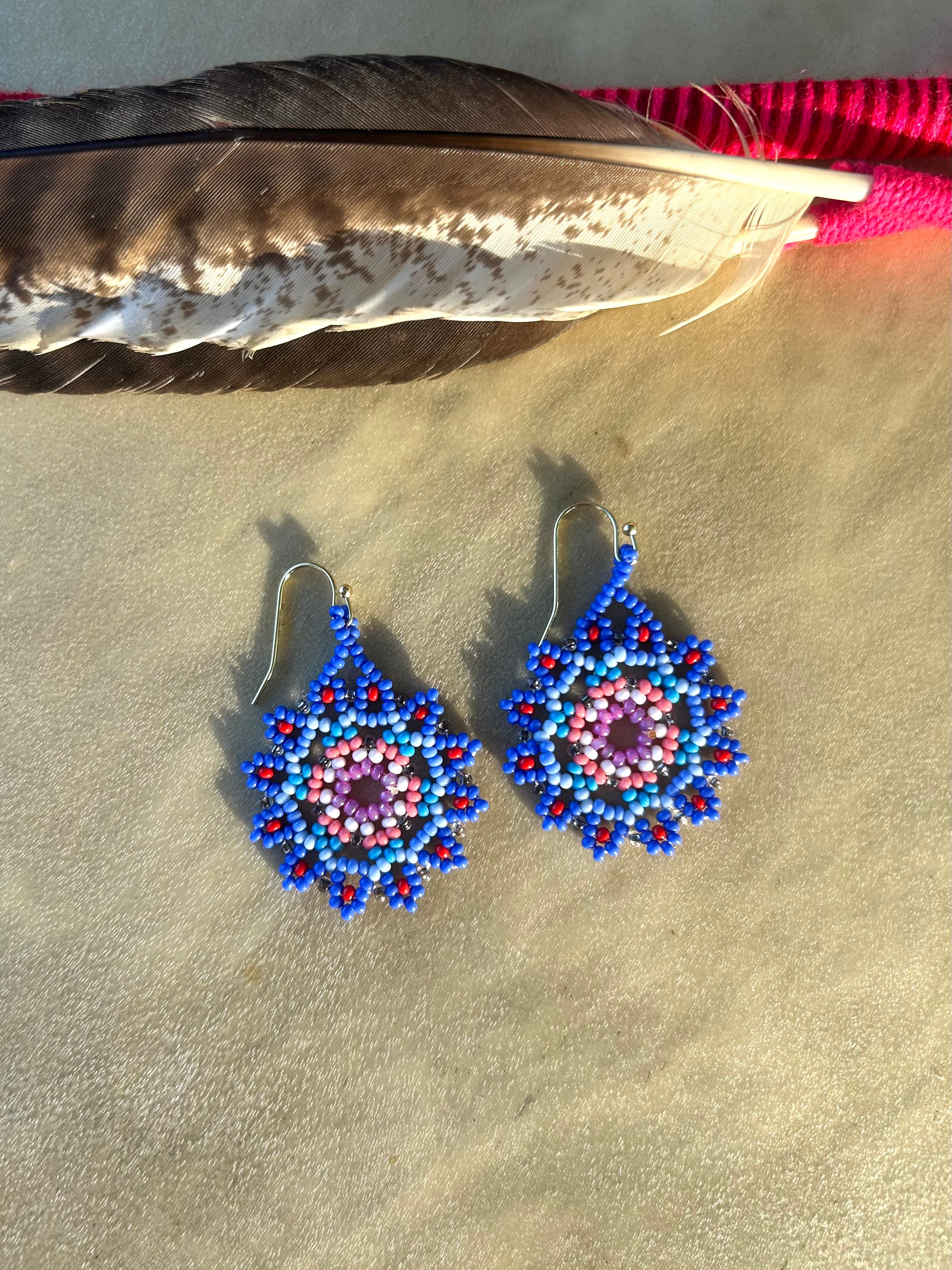 Flor Estrella - Blue & Pink Huichol Flower Beadwork Earrings