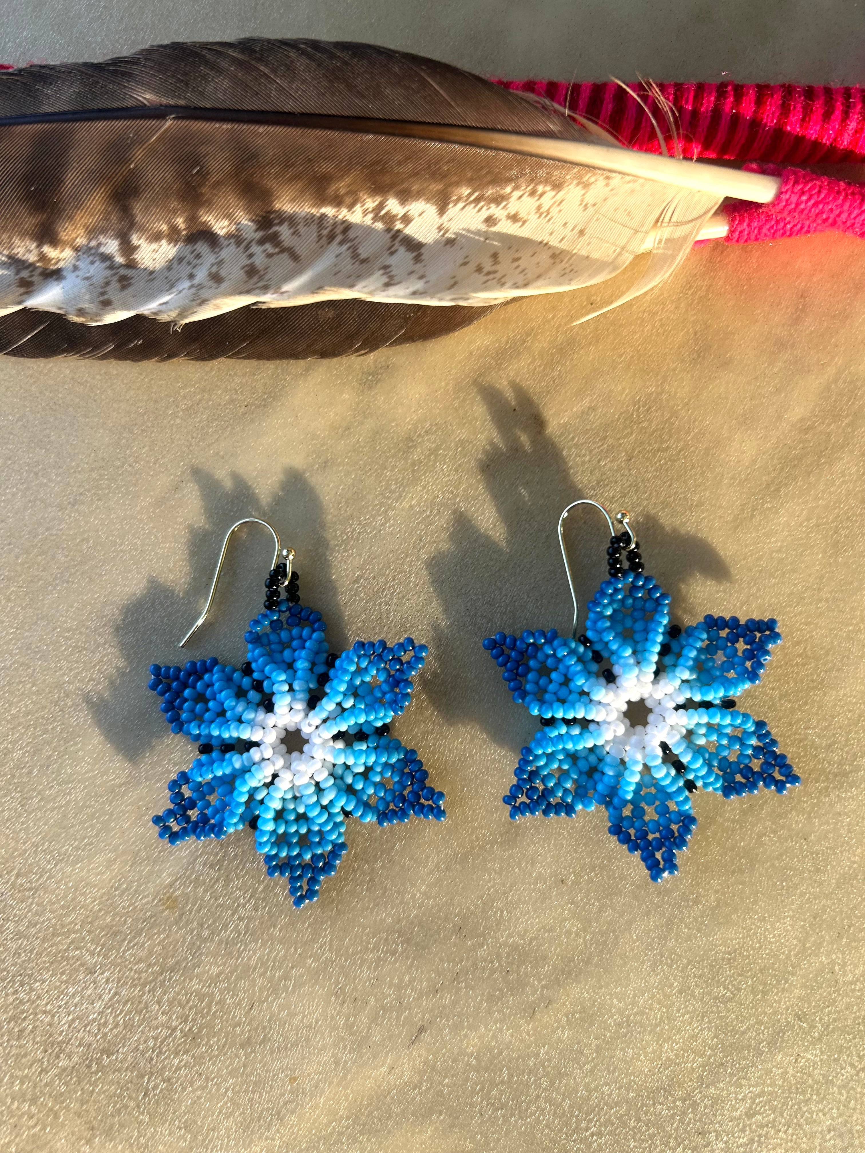 Flor de Lirio - Blue Huichol Flower Beadwork Earrings