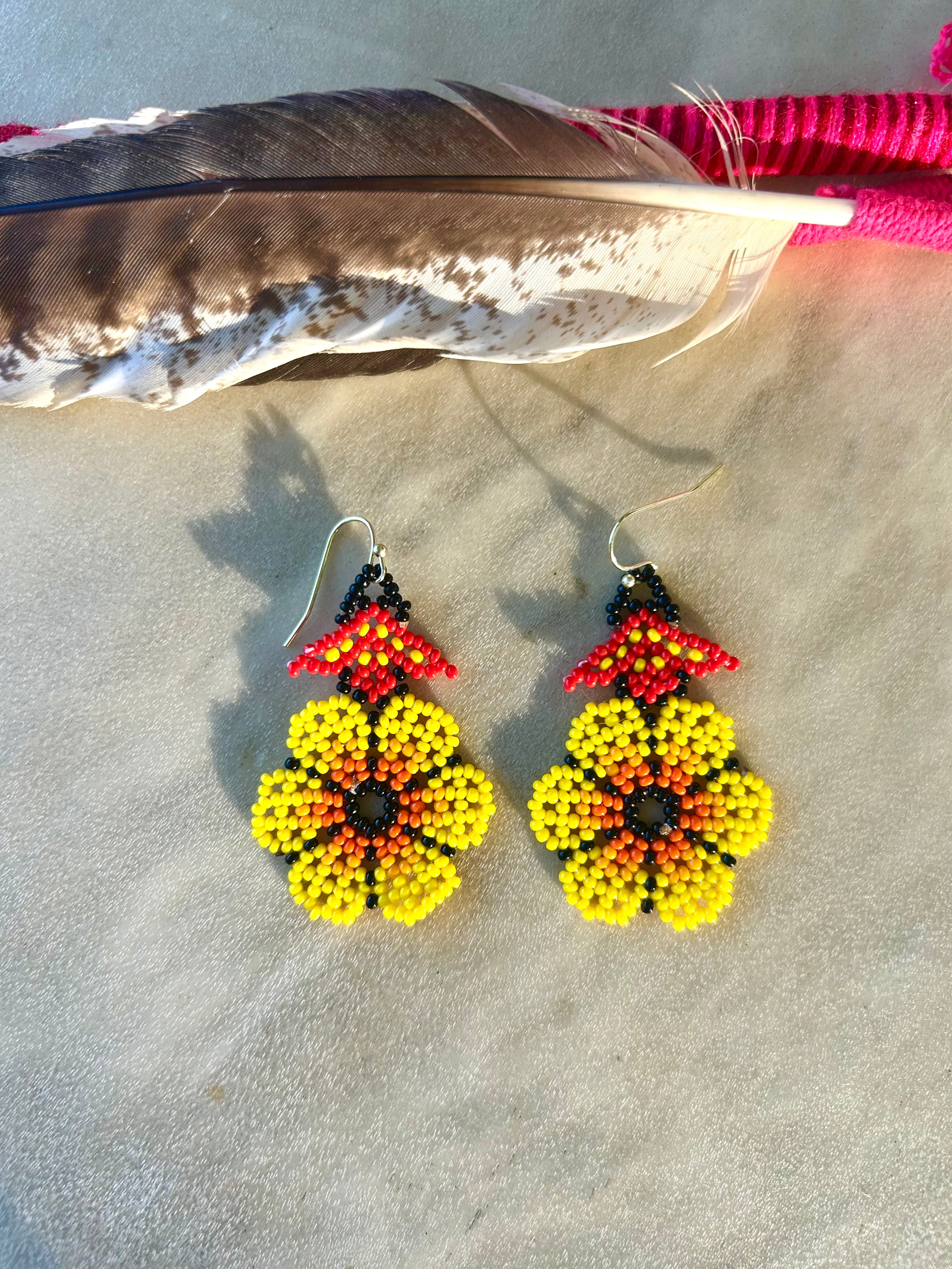 Flor del Campo - Fire Colors Huichol Flower Beadwork Earrings