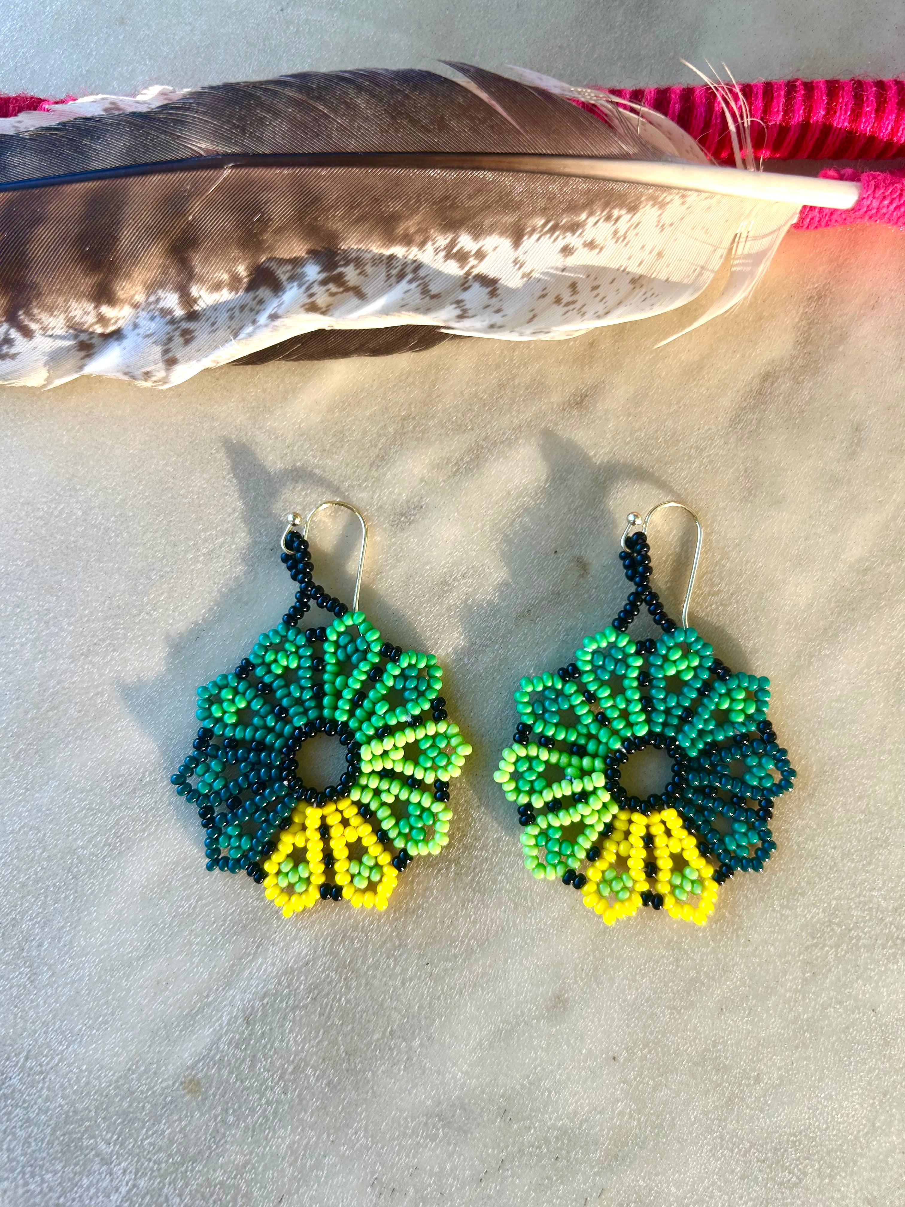Flor de la Vida - Green Huichol Flower Beadwork Earrings