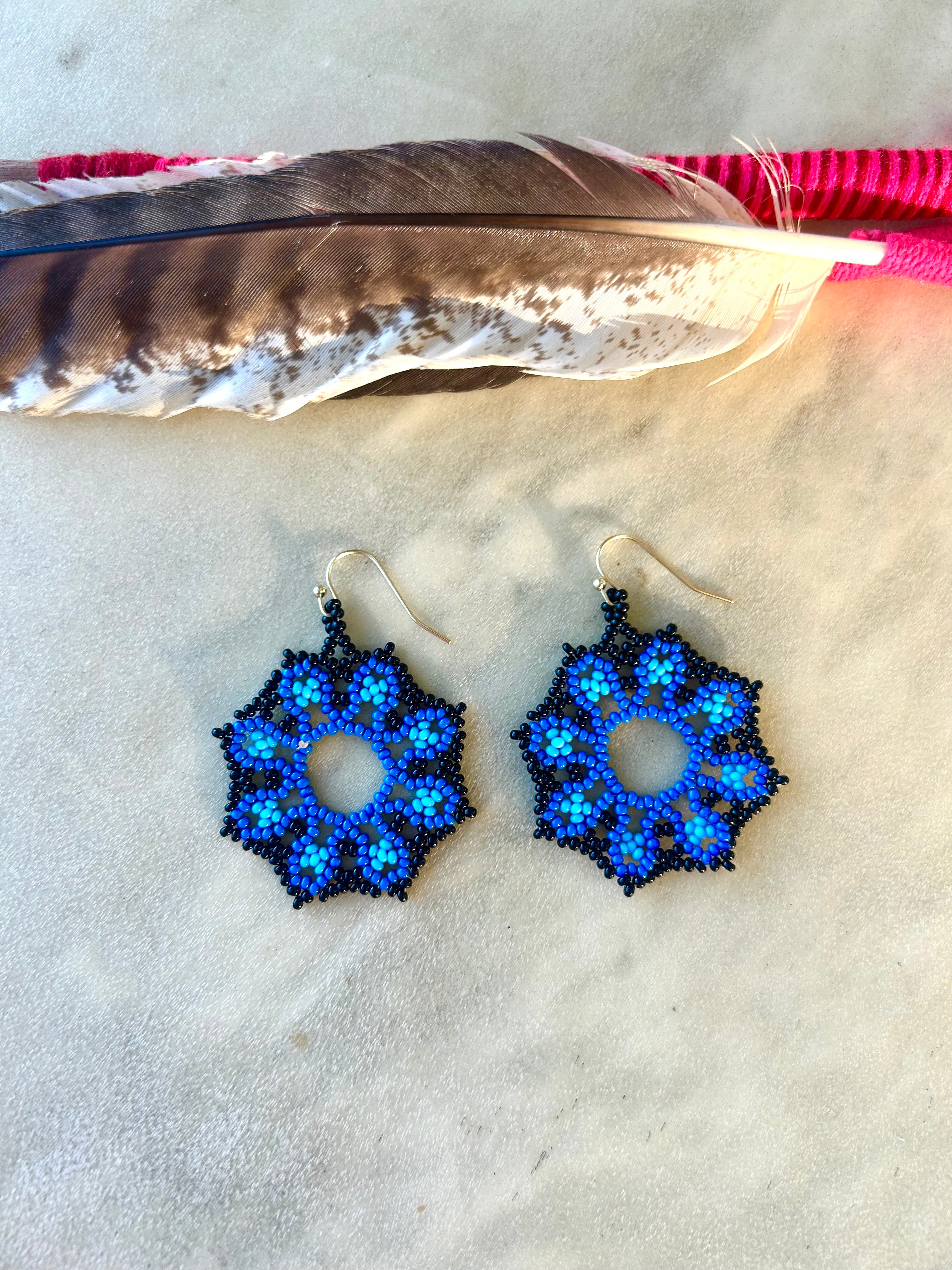 Flor del Mar - Blue Huichol Flower Beadwork Earrings