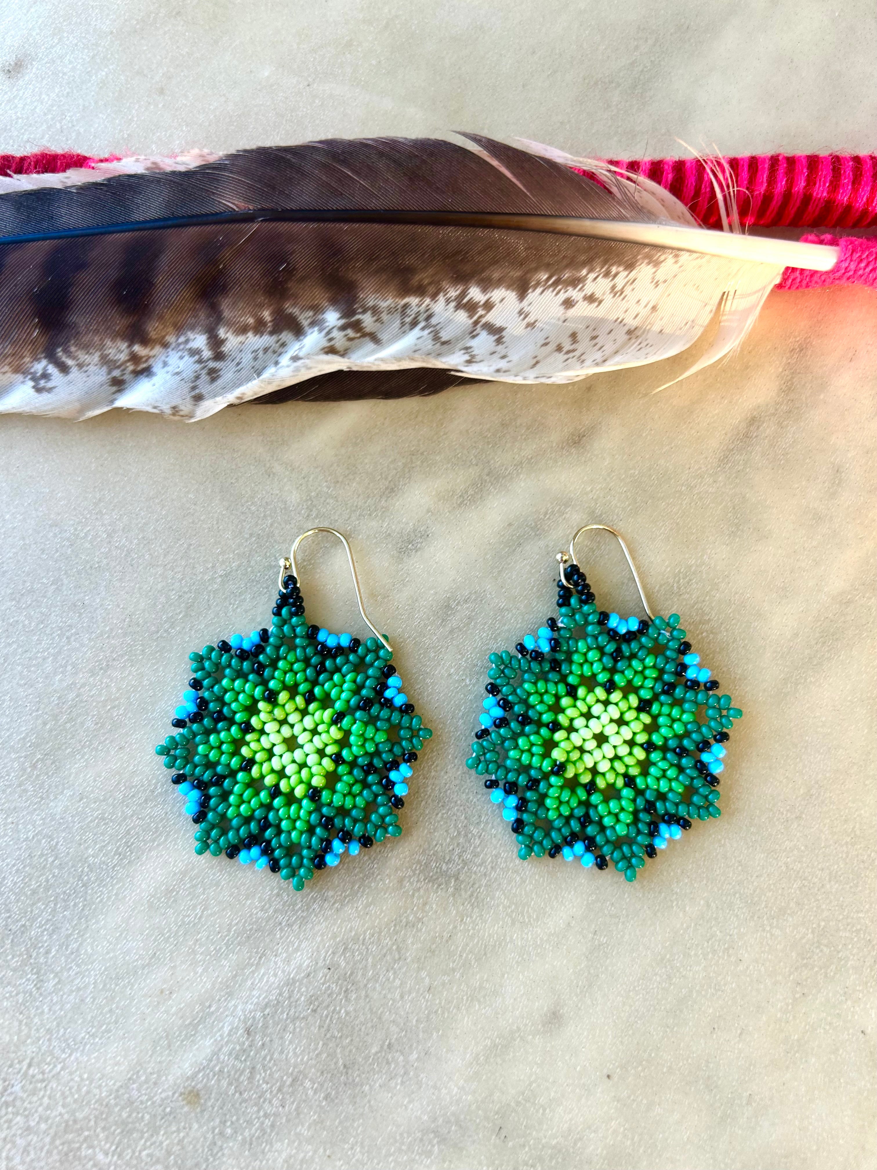 Estrella de la Selva - Green & Blue Star Huichol Beadwork Earrings