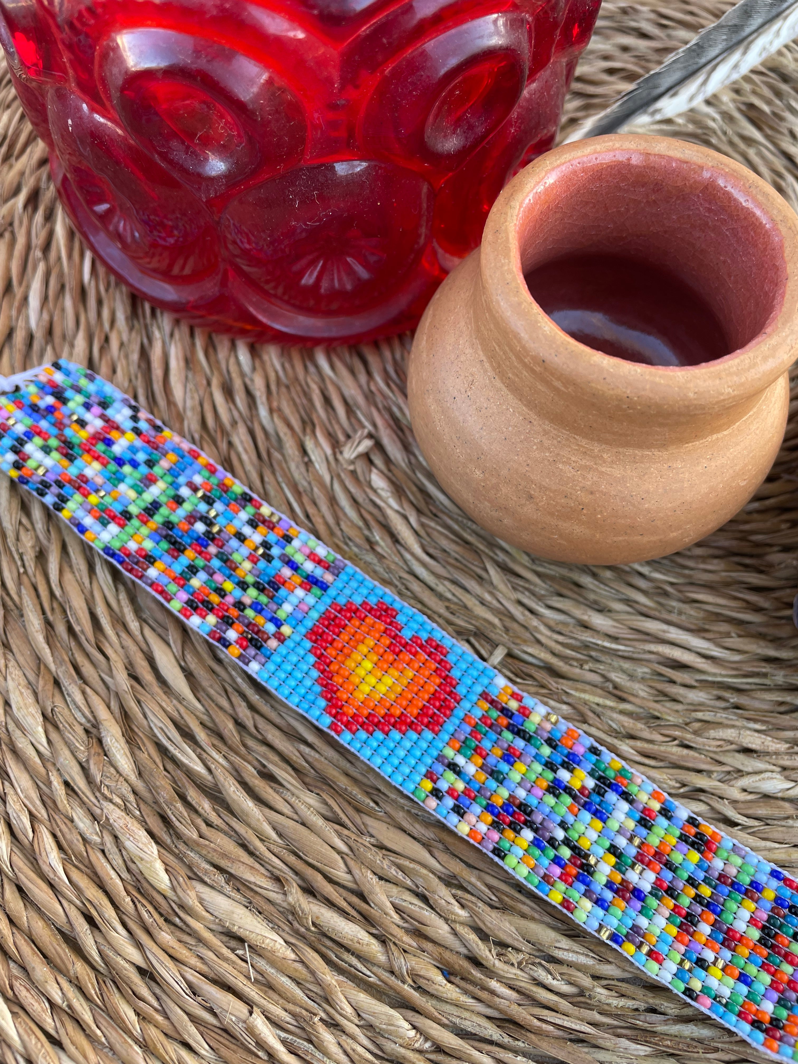 Corazón Universo - Orange Heart & Multicolor Huichol Loom Beadwork Bracelet