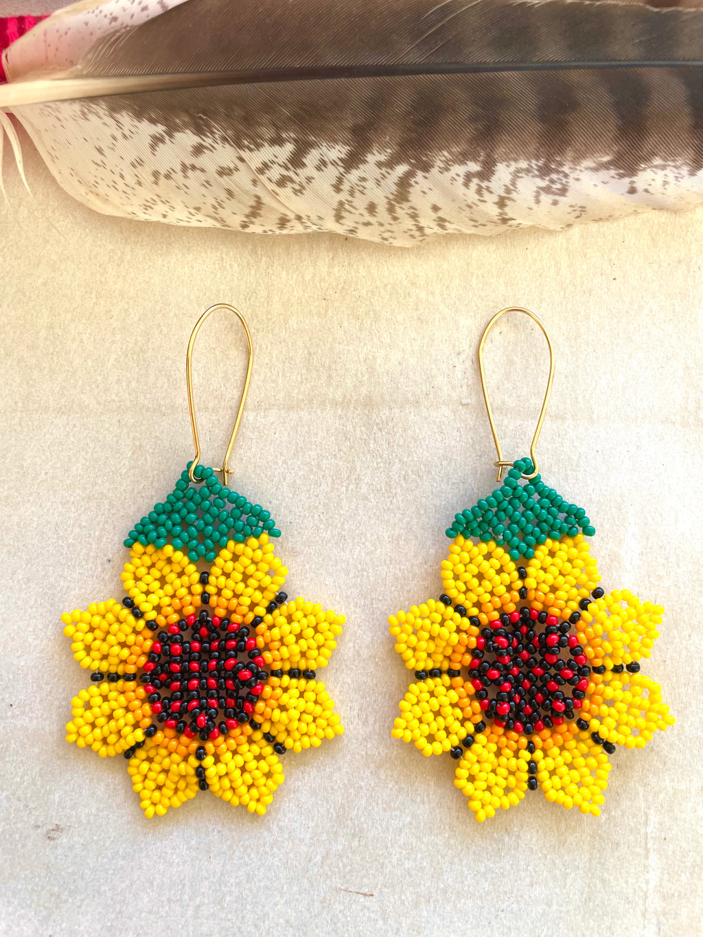 Flor Girasol - Yellow Huichol Flower Beadwork Earrings