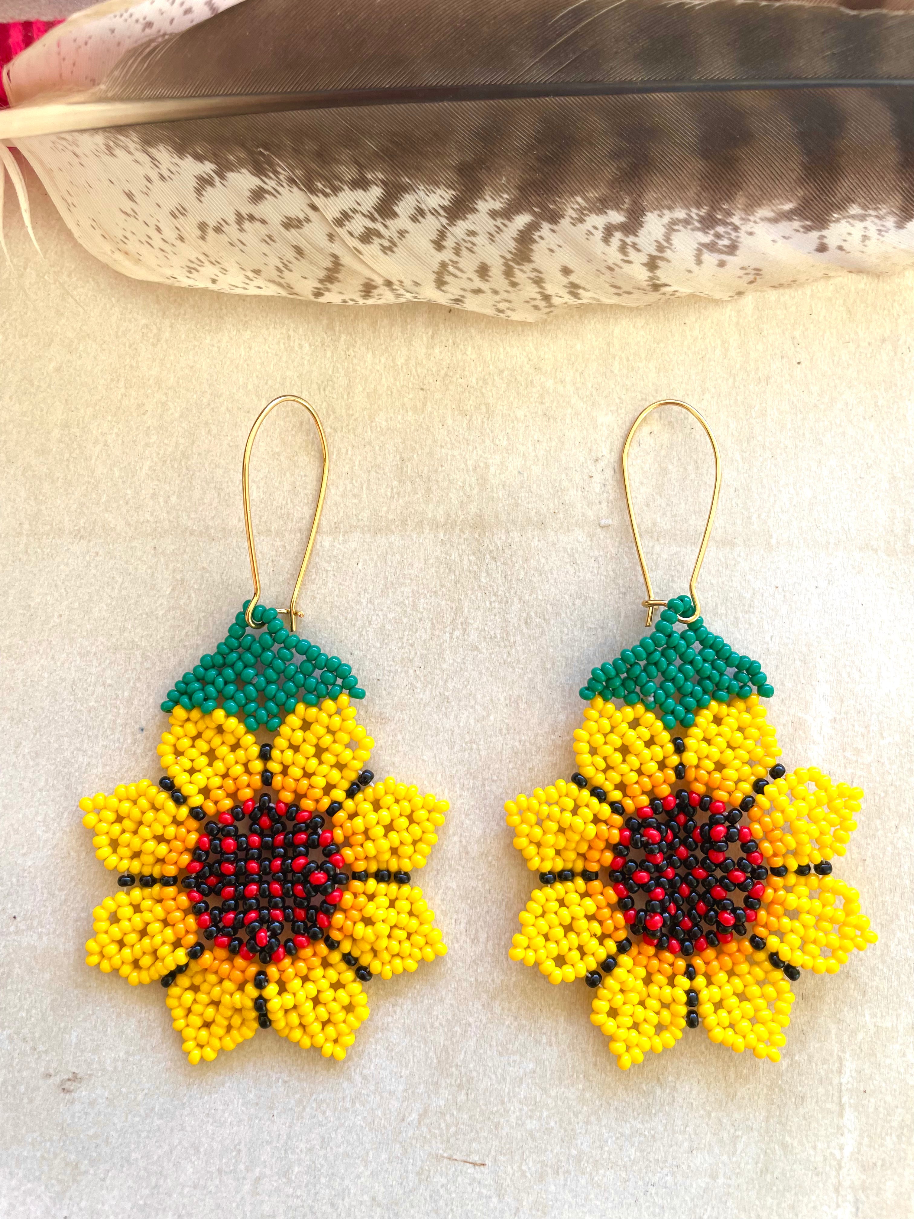 Flor Girasol - Yellow Huichol Flower Beadwork Earrings
