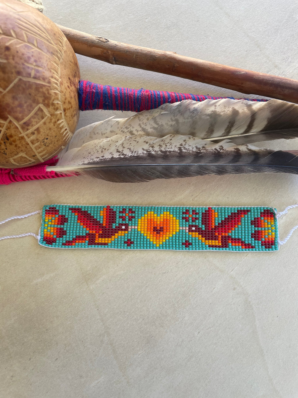 Colibrí Corazón - Blue & Orange Huichol Loom Beadwork Bracelet