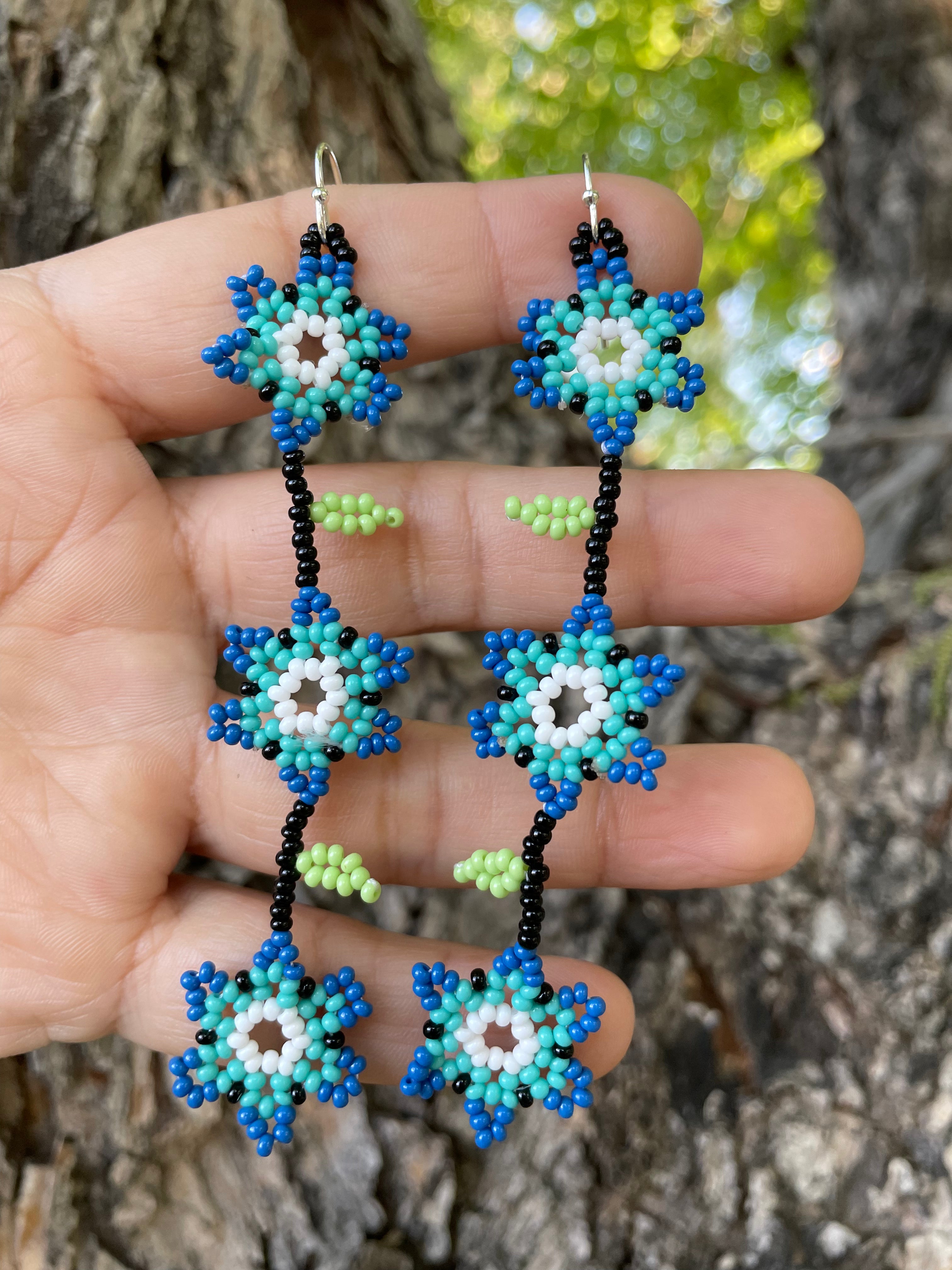 Cadena de Flores - Turquoise Blue Huichol Flower Beadwork Earrings