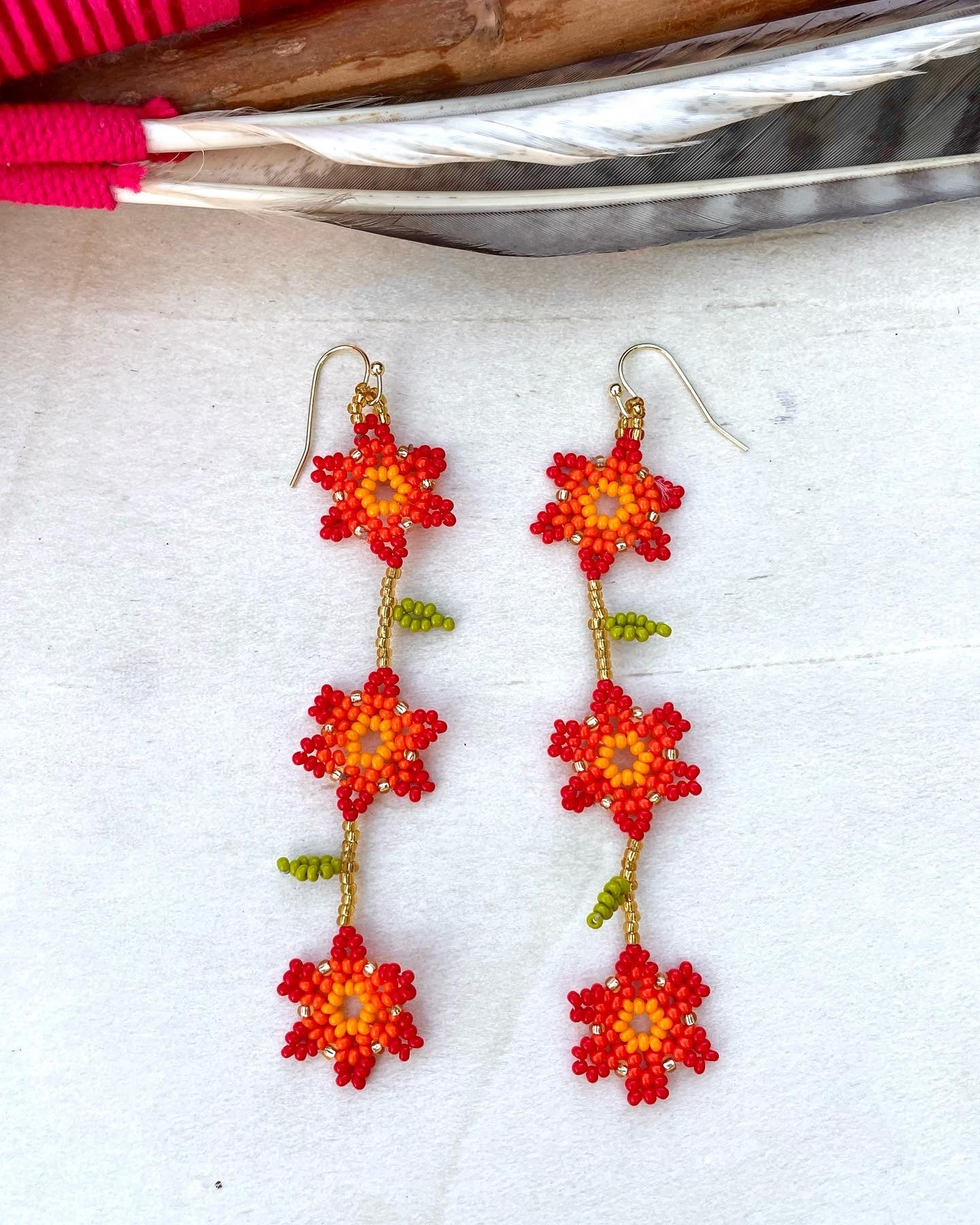 Cadena de Flores - Orange & Gold Huichol Flower Beadwork Earrings