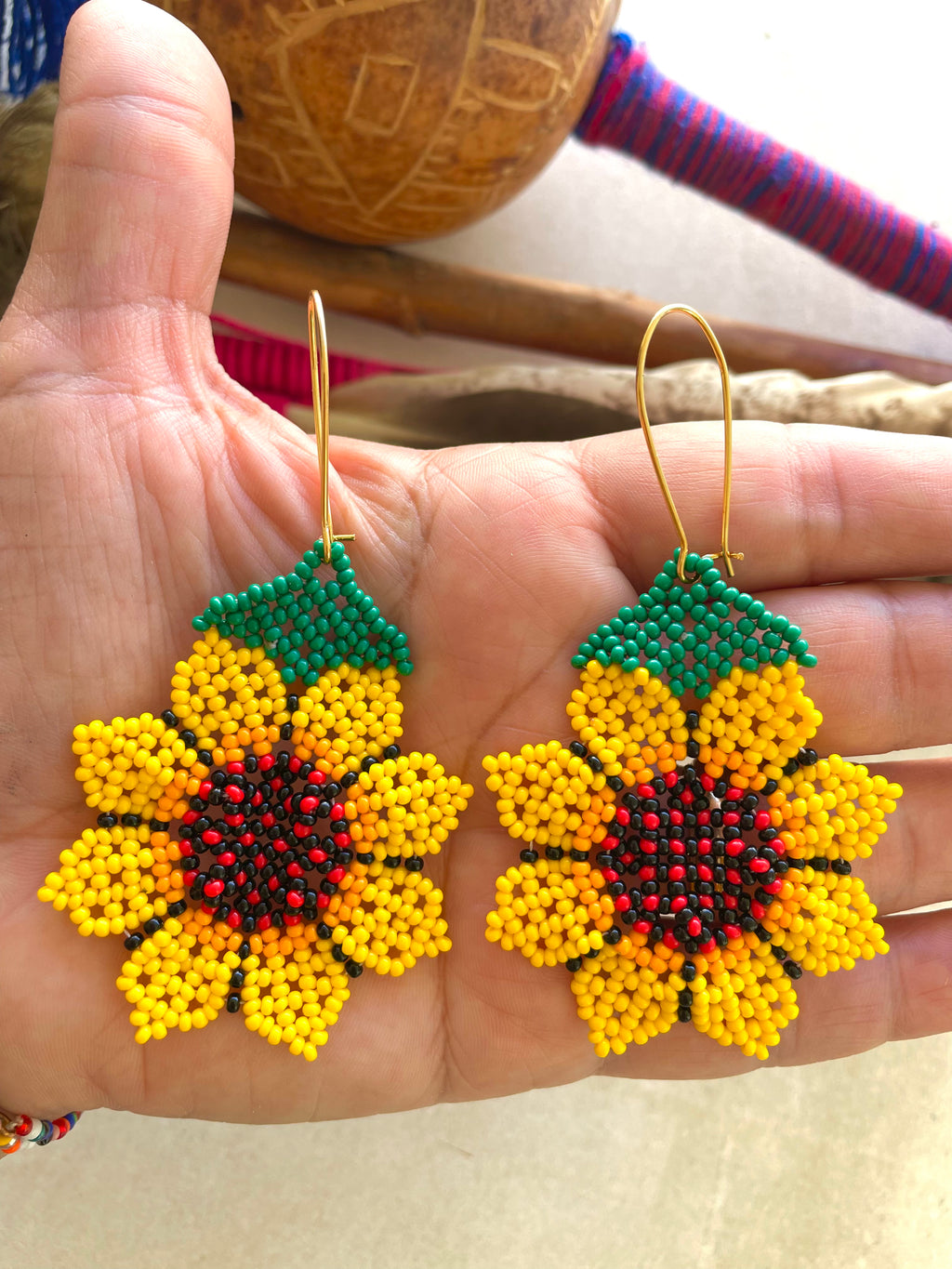 Flor Girasol - Yellow Huichol Flower Beadwork Earrings