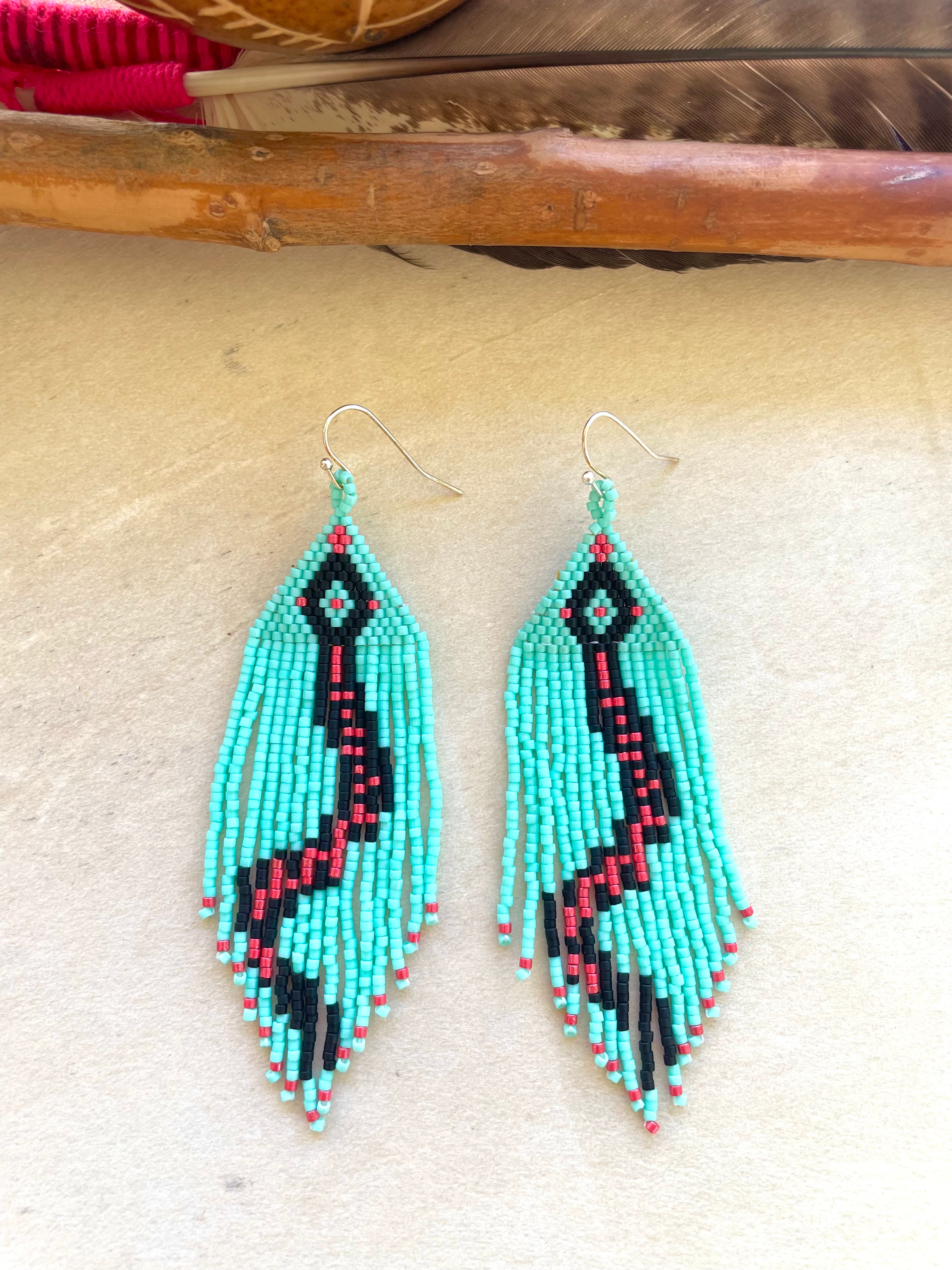 Serpiente Divina - Turquoise & Black Huichol Serpent Beadwork Earrings