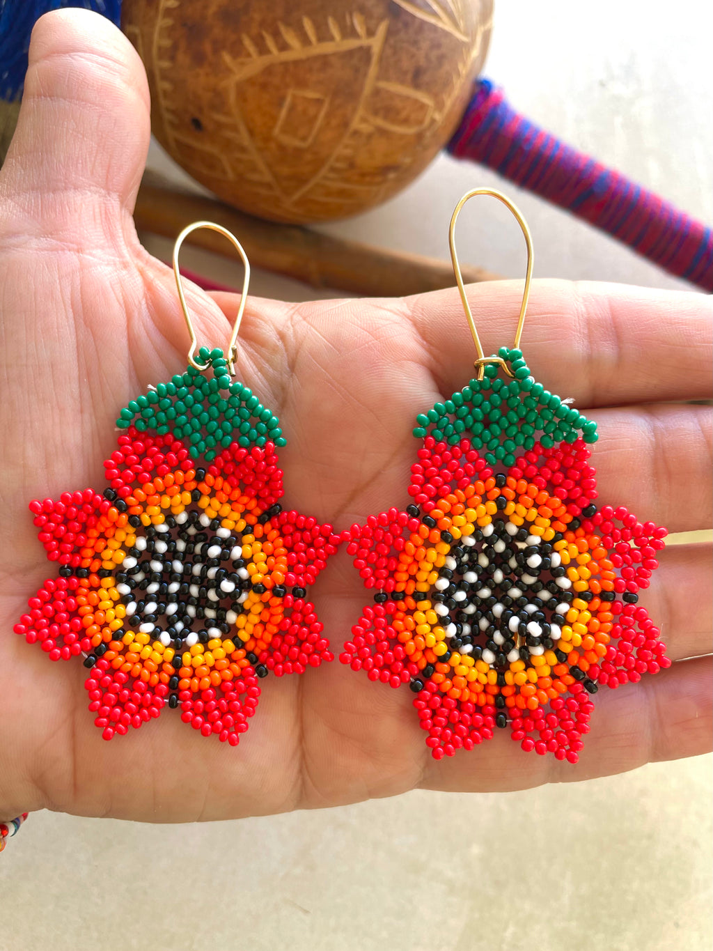 Flor Girasol - Red Huichol Flower Beadwork Earrings