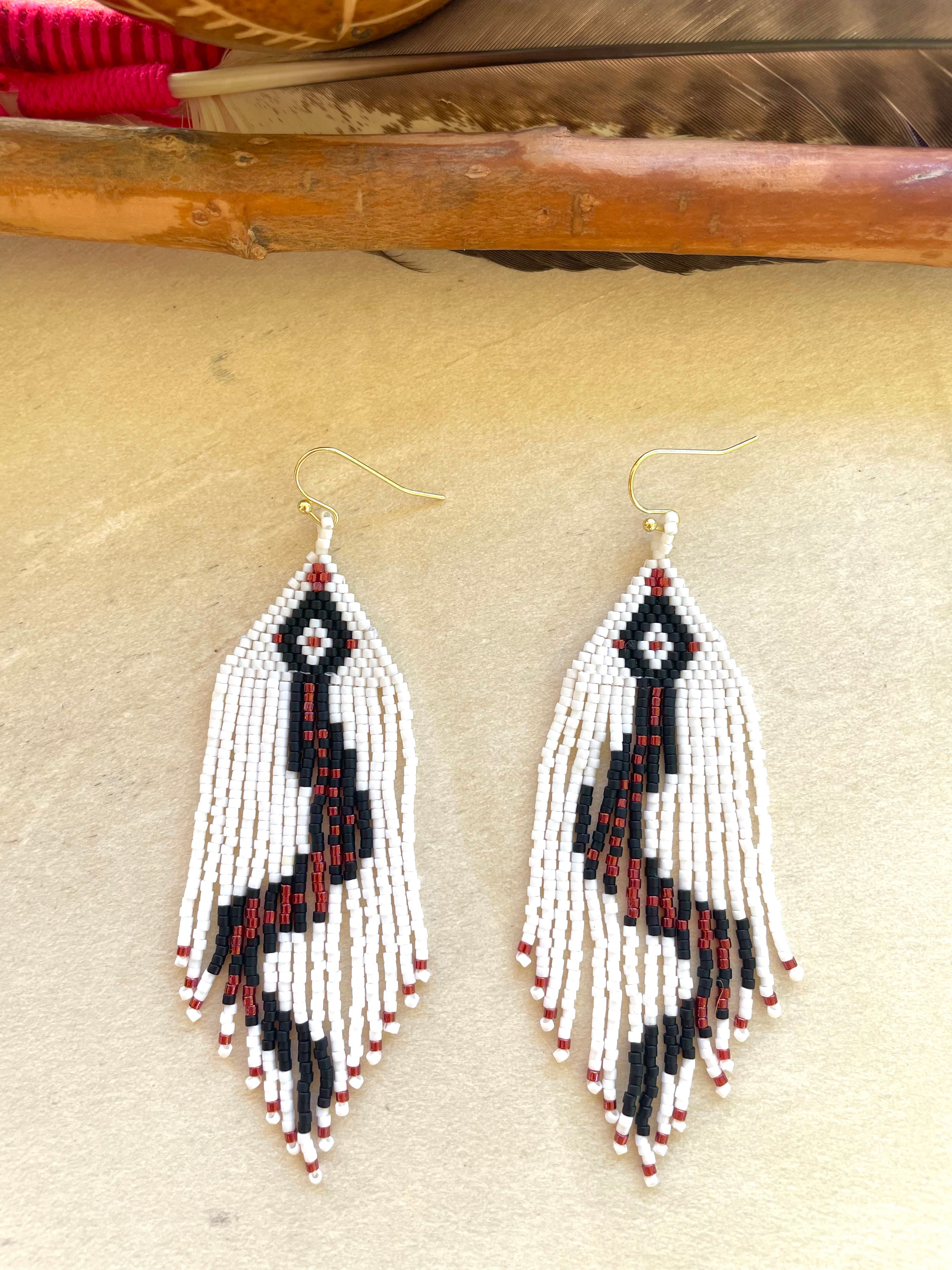 Serpiente Divina - White & Black Huichol Serpent Beadwork Earrings