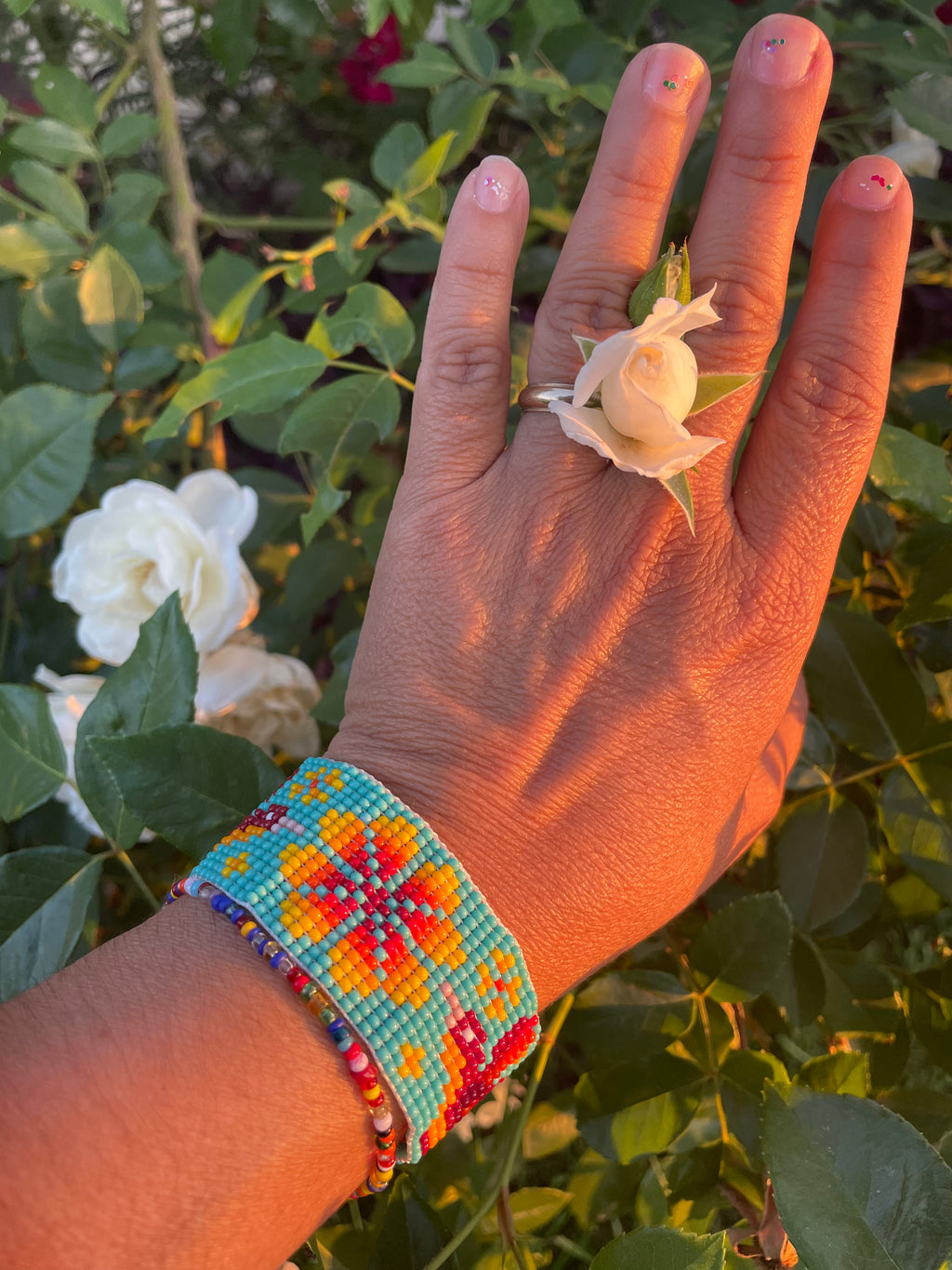 Colibrí Picaflor - Light Blue & Orange Huichol Loom Beadwork Bracelet