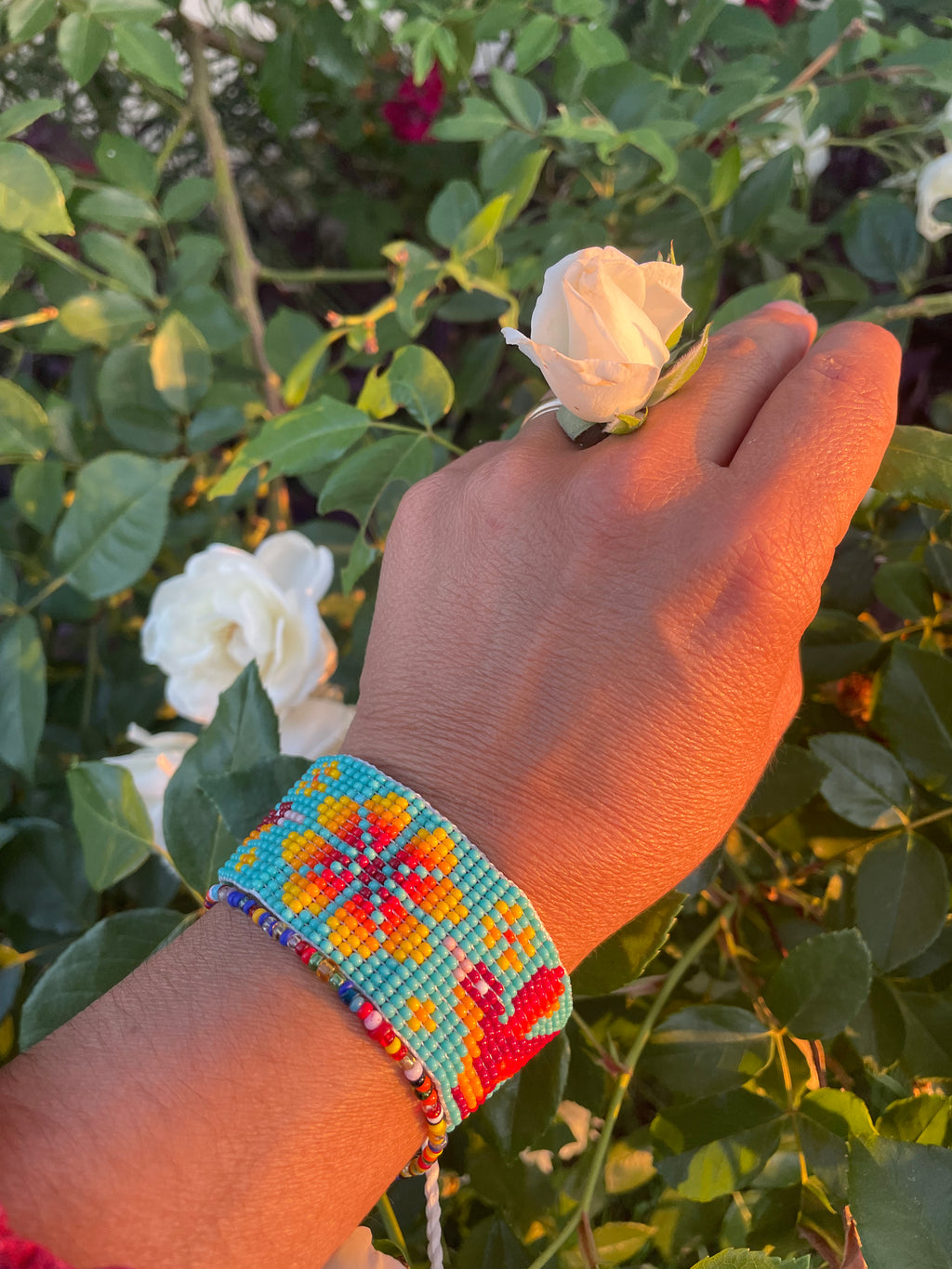 Colibrí Picaflor - Light Blue & Orange Huichol Loom Beadwork Bracelet