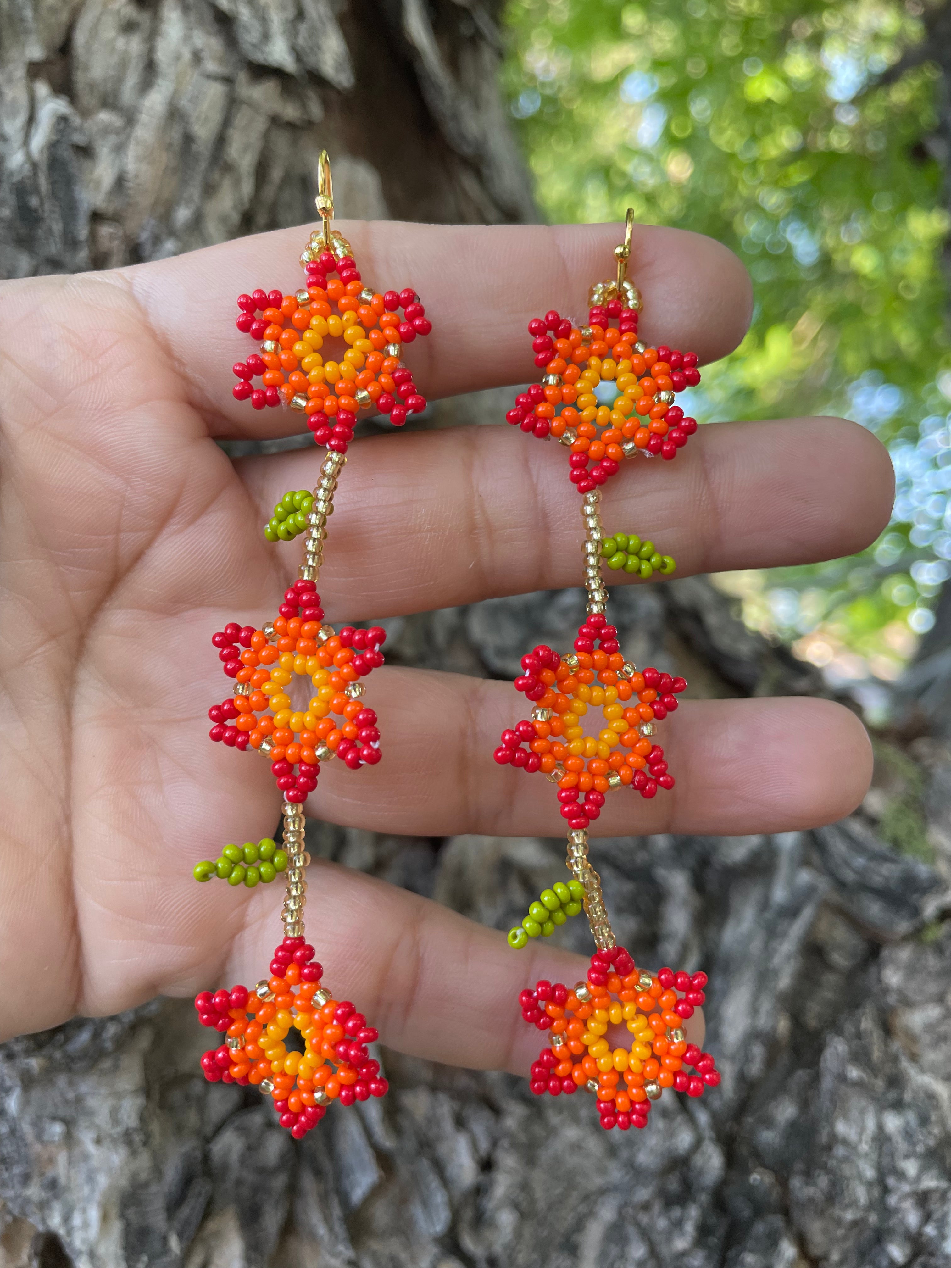 Cadena de Flores - Orange & Gold Huichol Flower Beadwork Earrings